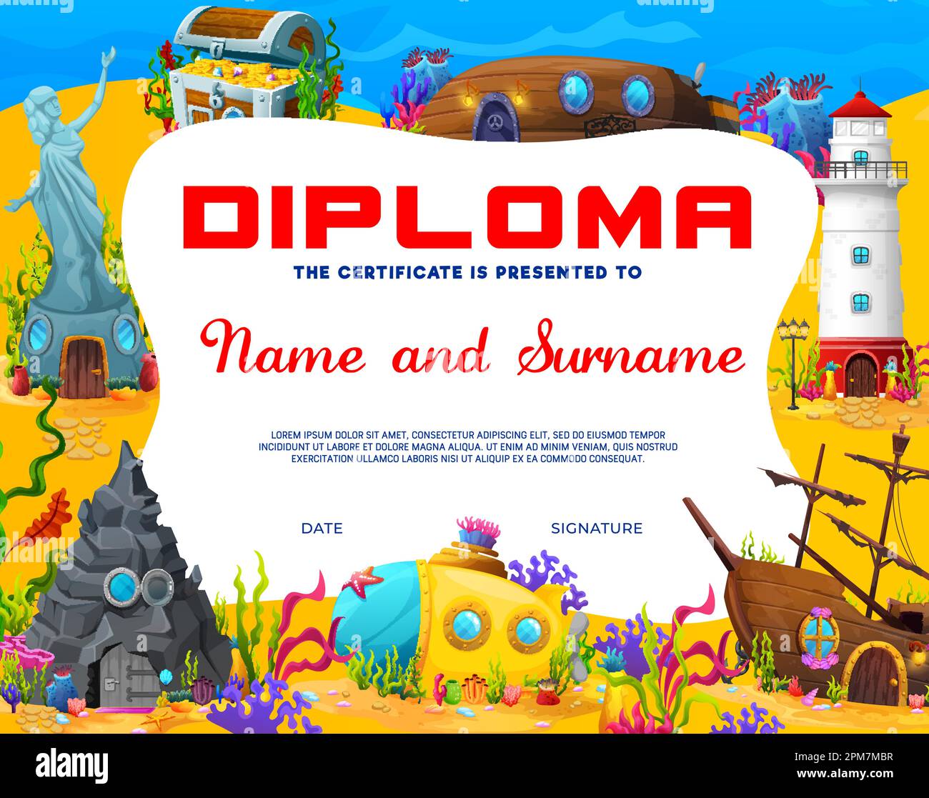 Diploma per bambini, cartoni animati, paesaggio subacqueo ed edifici delle fate, riconoscimento di certificati vettoriali. Nave sommersa, scrigno del tesoro pirata e sottomari sottomarini Illustrazione Vettoriale
