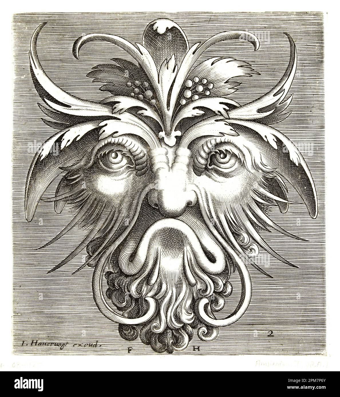 Frans Huys (incisore) dopo Cornelis Floris II - maschera con barba riccia Foto Stock