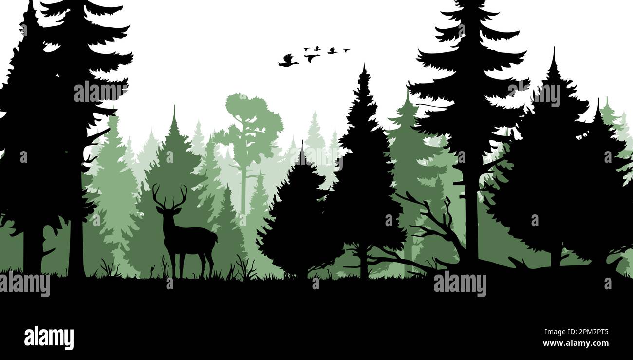 Silhouette di alberi di foresta, cervi e branco d'anatra, sport di caccia. Paesaggio natura vettoriale o sfondo scena fauna selvatica con pinete e caduto t Illustrazione Vettoriale