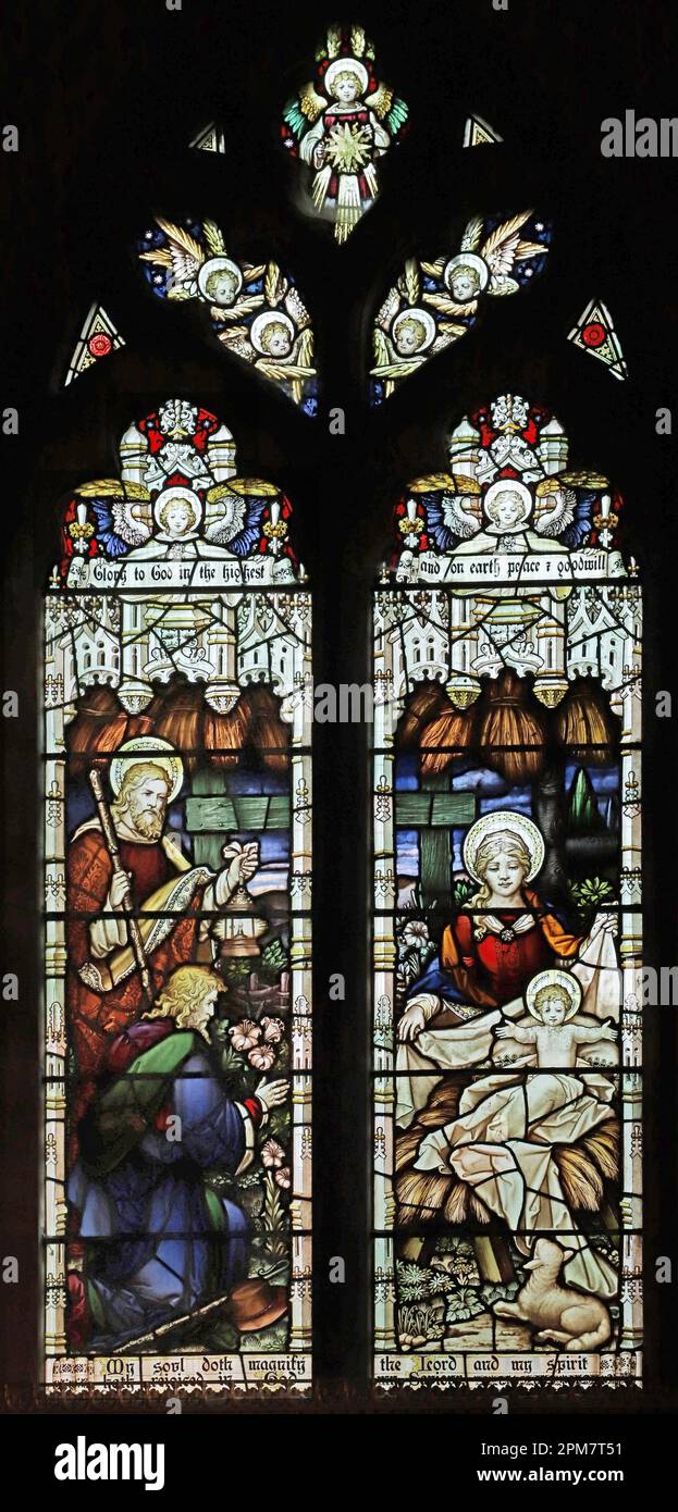 Vetrata di Percy Bacon raffigurante la natività, Chiesa di San Giovanni Evangelista, Skirwith, Cumbria Foto Stock