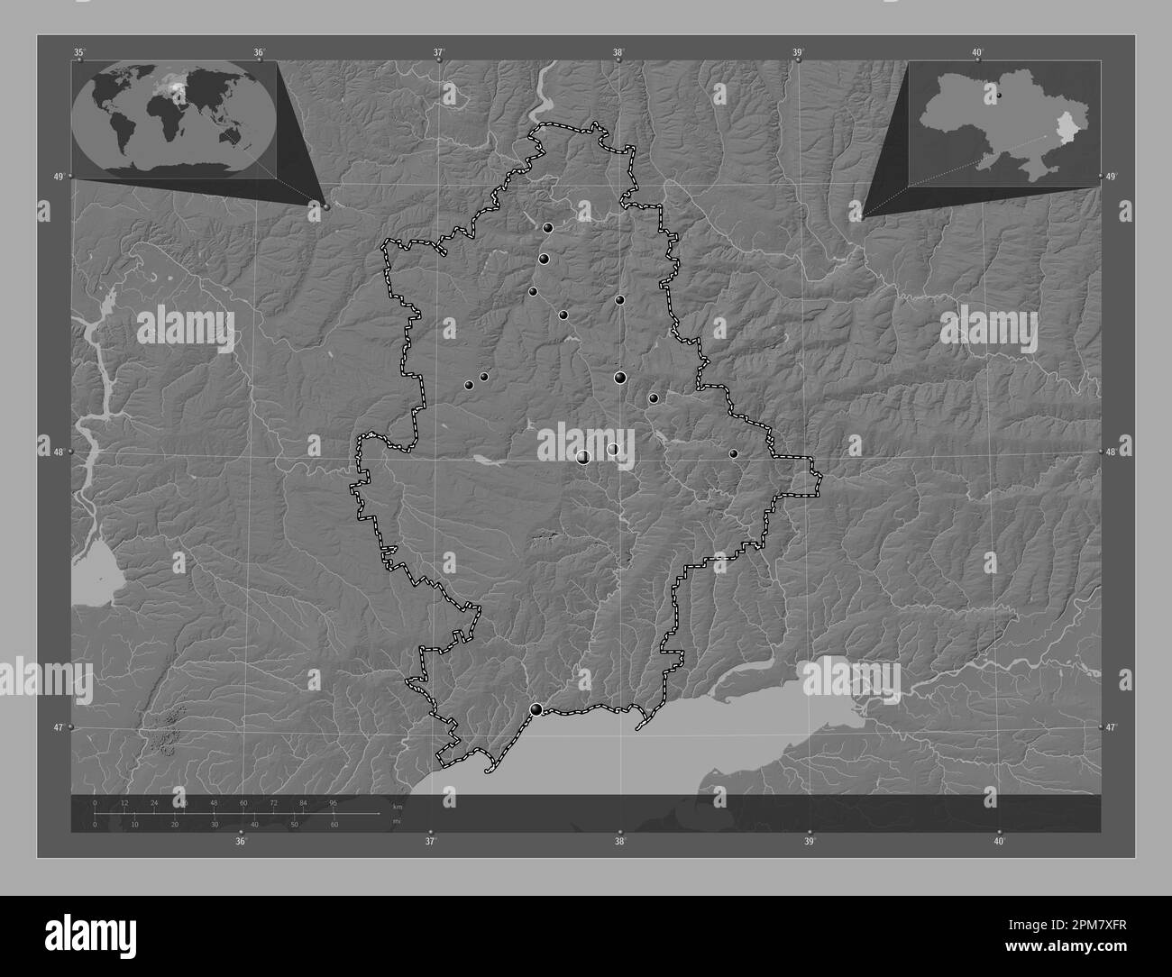 Donets'k, regione dell'Ucraina. Mappa altimetrica bilivello con laghi e fiumi. Posizioni delle principali città della regione. Mappe delle posizioni ausiliarie degli angoli Foto Stock