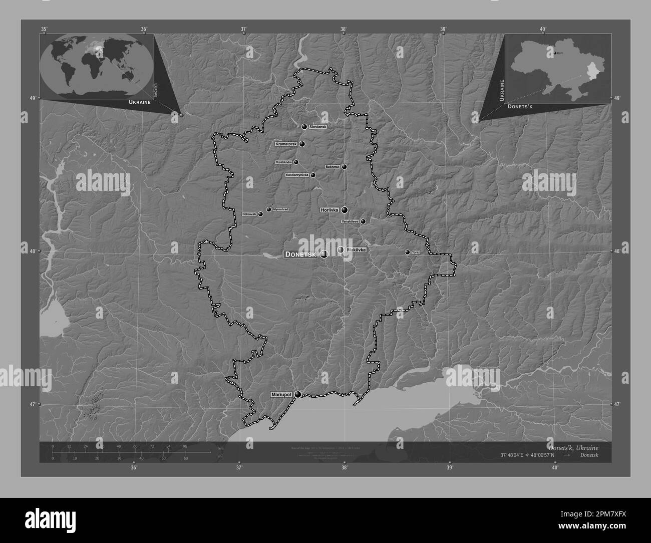 Donets'k, regione dell'Ucraina. Mappa altimetrica bilivello con laghi e fiumi. Località e nomi delle principali città della regione. Posizione ausiliaria ad angolo Foto Stock