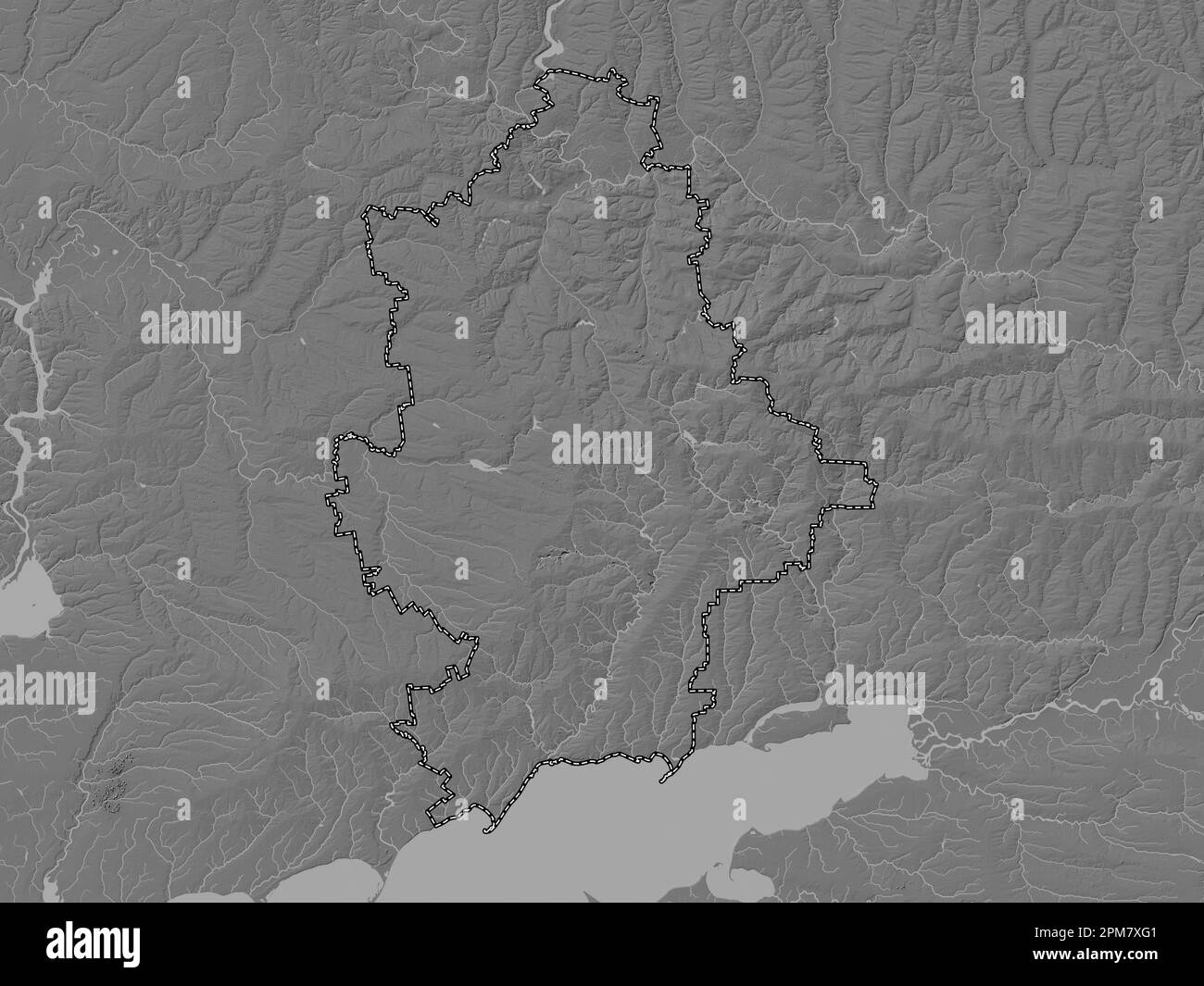 Donets'k, regione dell'Ucraina. Mappa altimetrica bilivello con laghi e fiumi Foto Stock