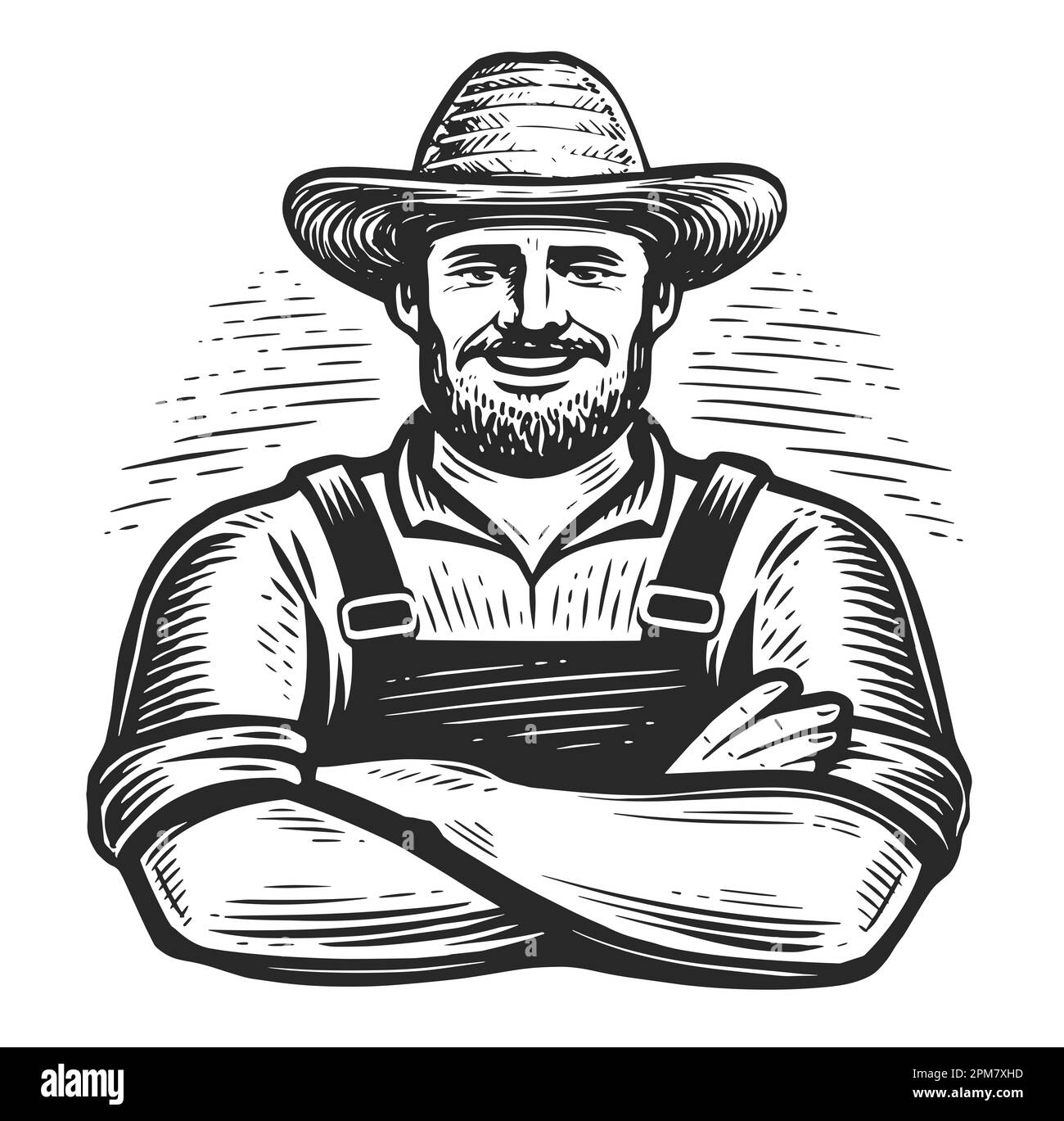 Lavoratore felice fattoria in emblema cappello. Un agricoltore anziano sorridente con le braccia incrociate. Illustrazione dello schizzo Foto Stock