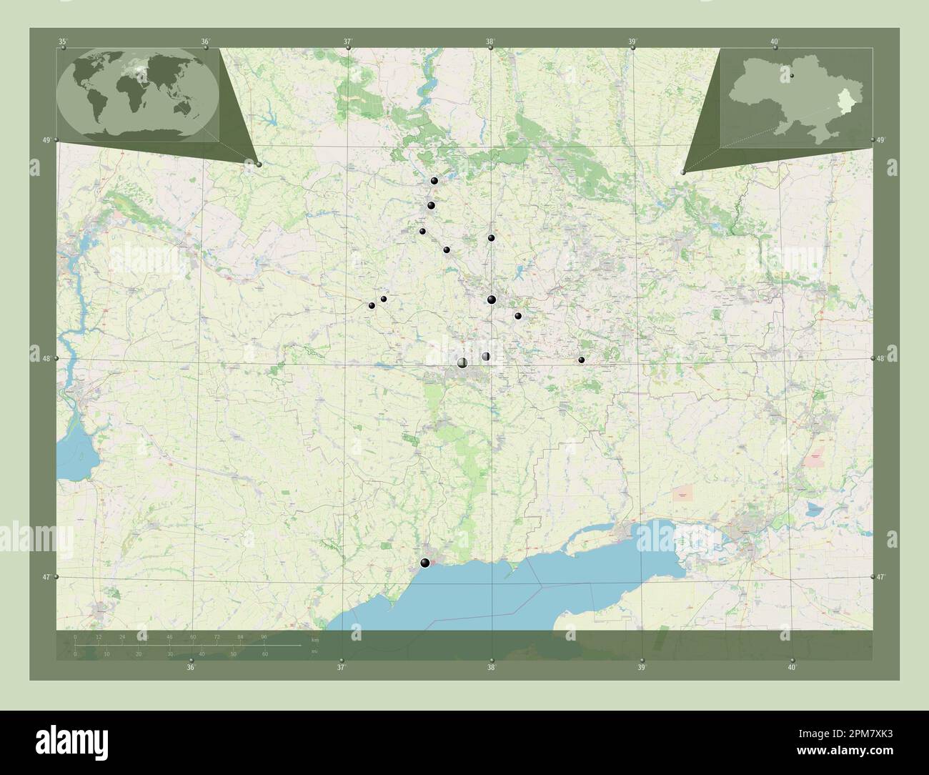 Donets'k, regione dell'Ucraina. Aprire la mappa stradale. Posizioni delle principali città della regione. Mappe delle posizioni ausiliarie degli angoli Foto Stock