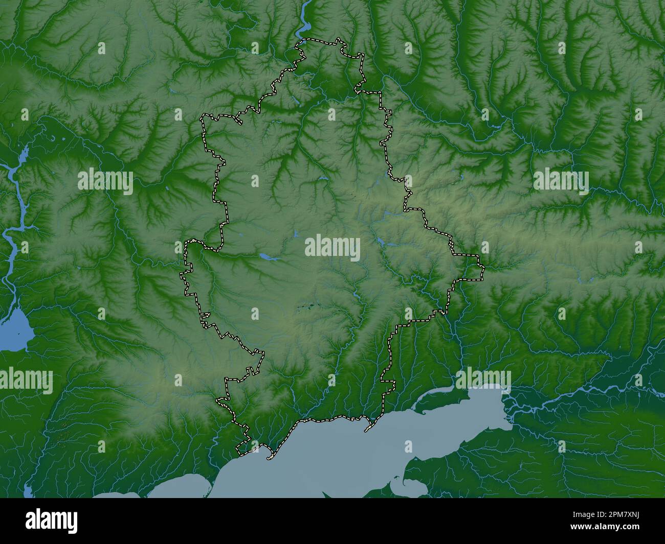 Donets'k, regione dell'Ucraina. Mappa di altitudine colorata con laghi e fiumi Foto Stock