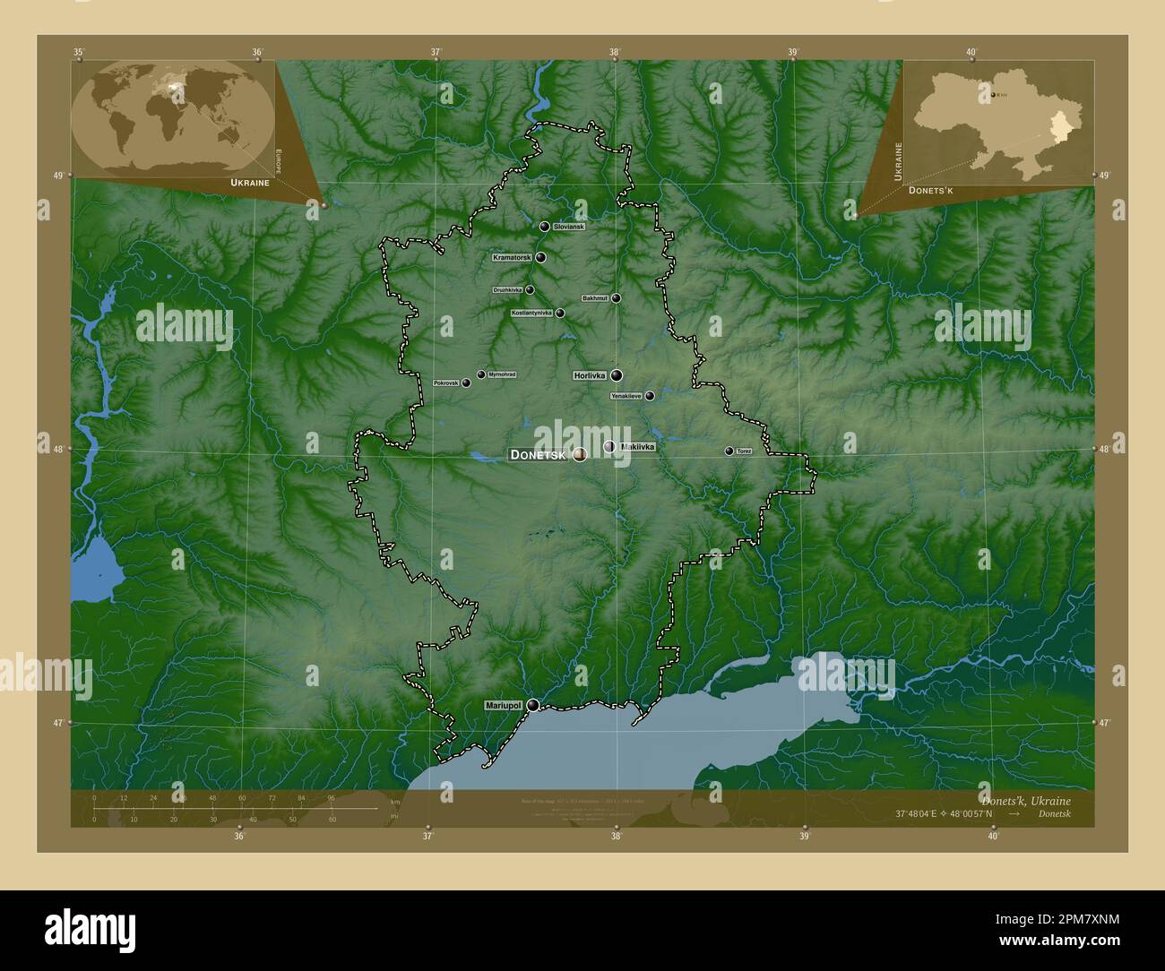 Donets'k, regione dell'Ucraina. Mappa di altitudine colorata con laghi e fiumi. Località e nomi delle principali città della regione. Posizione ausiliaria ad angolo Foto Stock