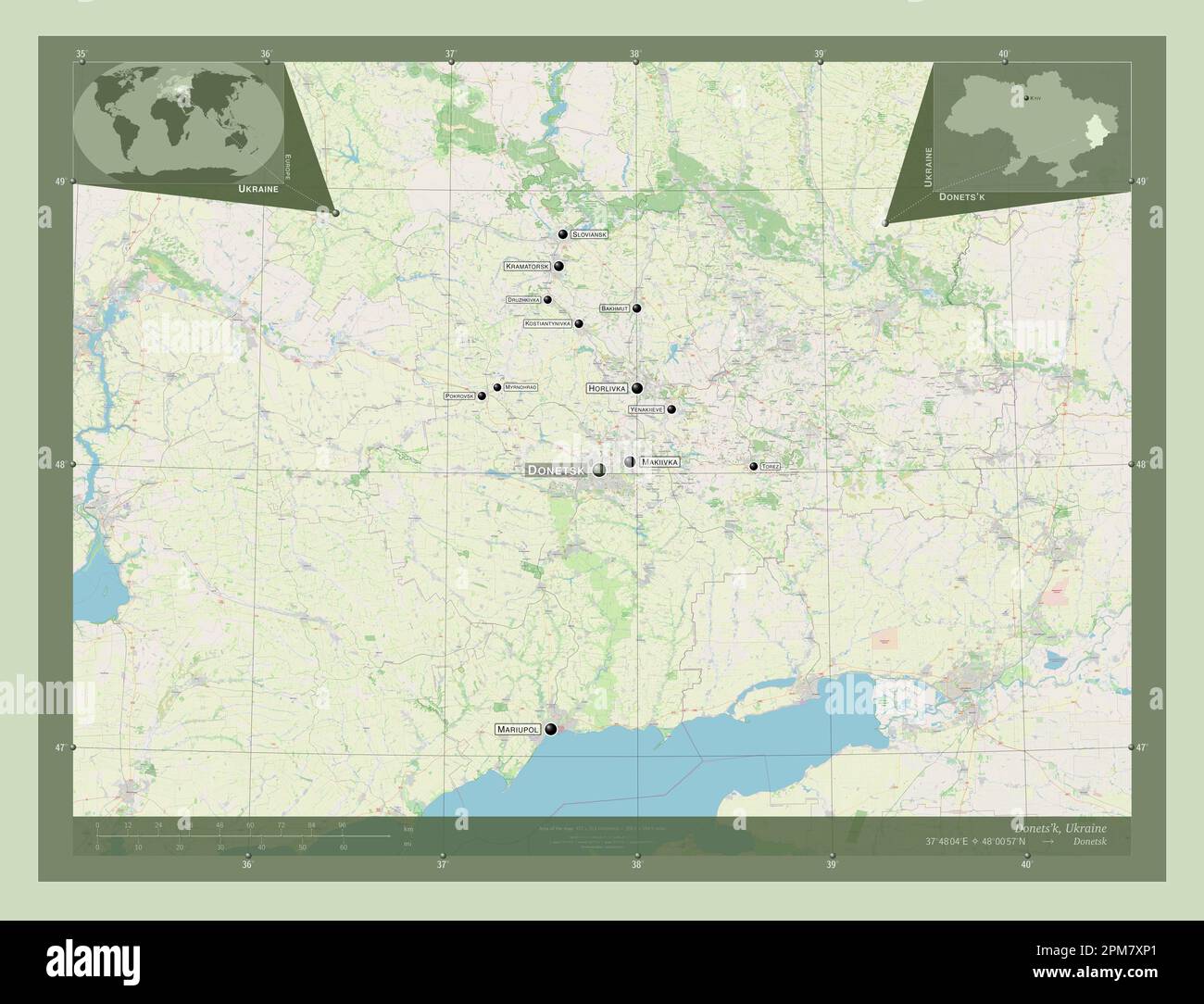 Donets'k, regione dell'Ucraina. Aprire la mappa stradale. Località e nomi delle principali città della regione. Mappe delle posizioni ausiliarie degli angoli Foto Stock