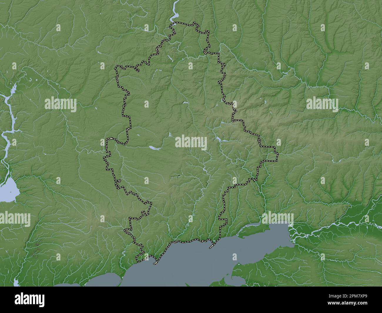 Donets'k, regione dell'Ucraina. Mappa dell'altitudine colorata in stile wiki con laghi e fiumi Foto Stock