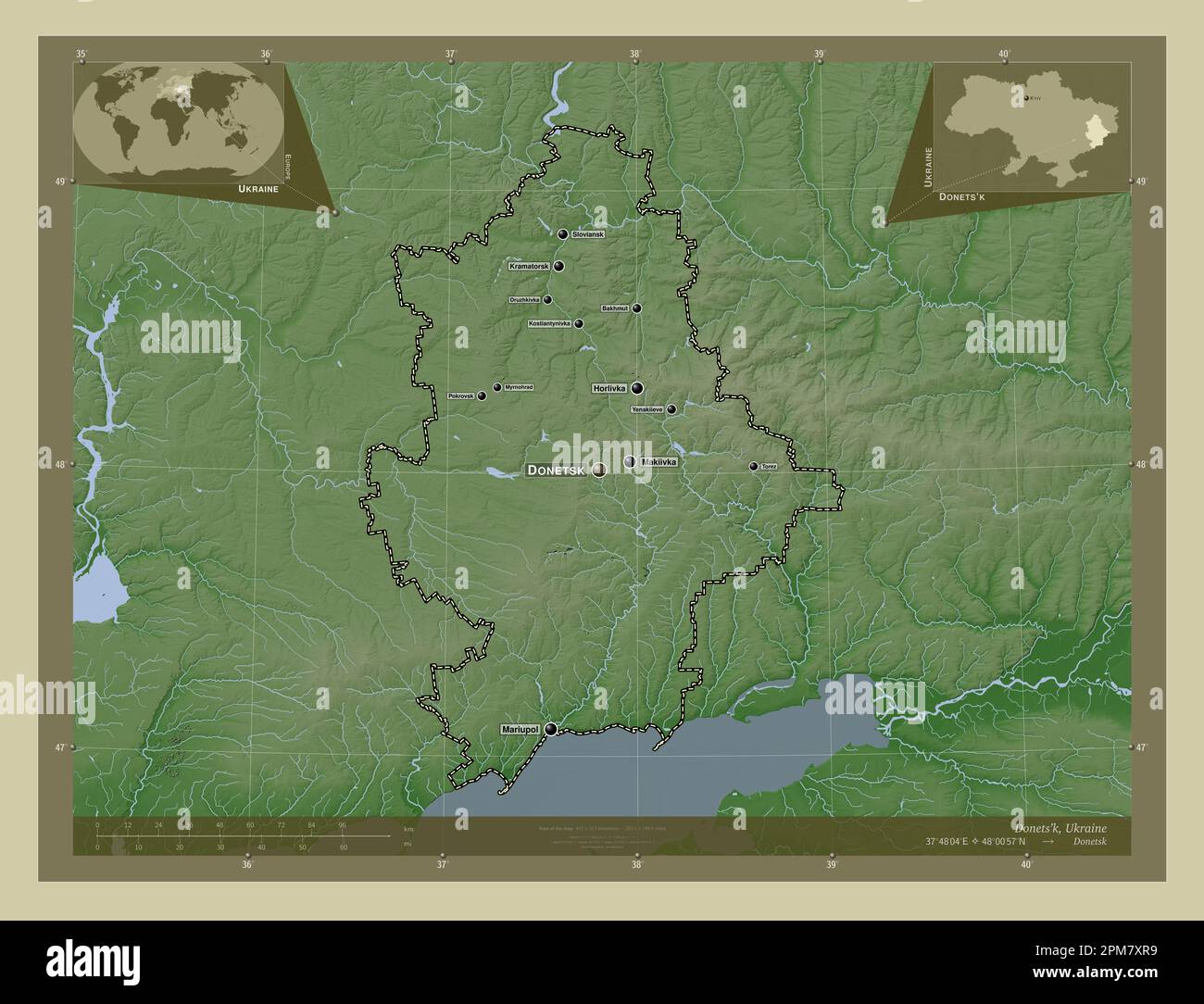 Donets'k, regione dell'Ucraina. Mappa dell'altitudine colorata in stile wiki con laghi e fiumi. Località e nomi delle principali città della regione. Angolo auxi Foto Stock