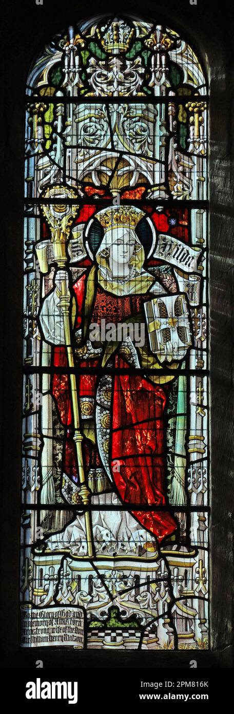 Vetrate di Percy Bacon & Brothers raffiguranti St Hilda, fondatore dell'abbazia di Whitby, St Hilda's Church, Lucker, Northumberland Foto Stock