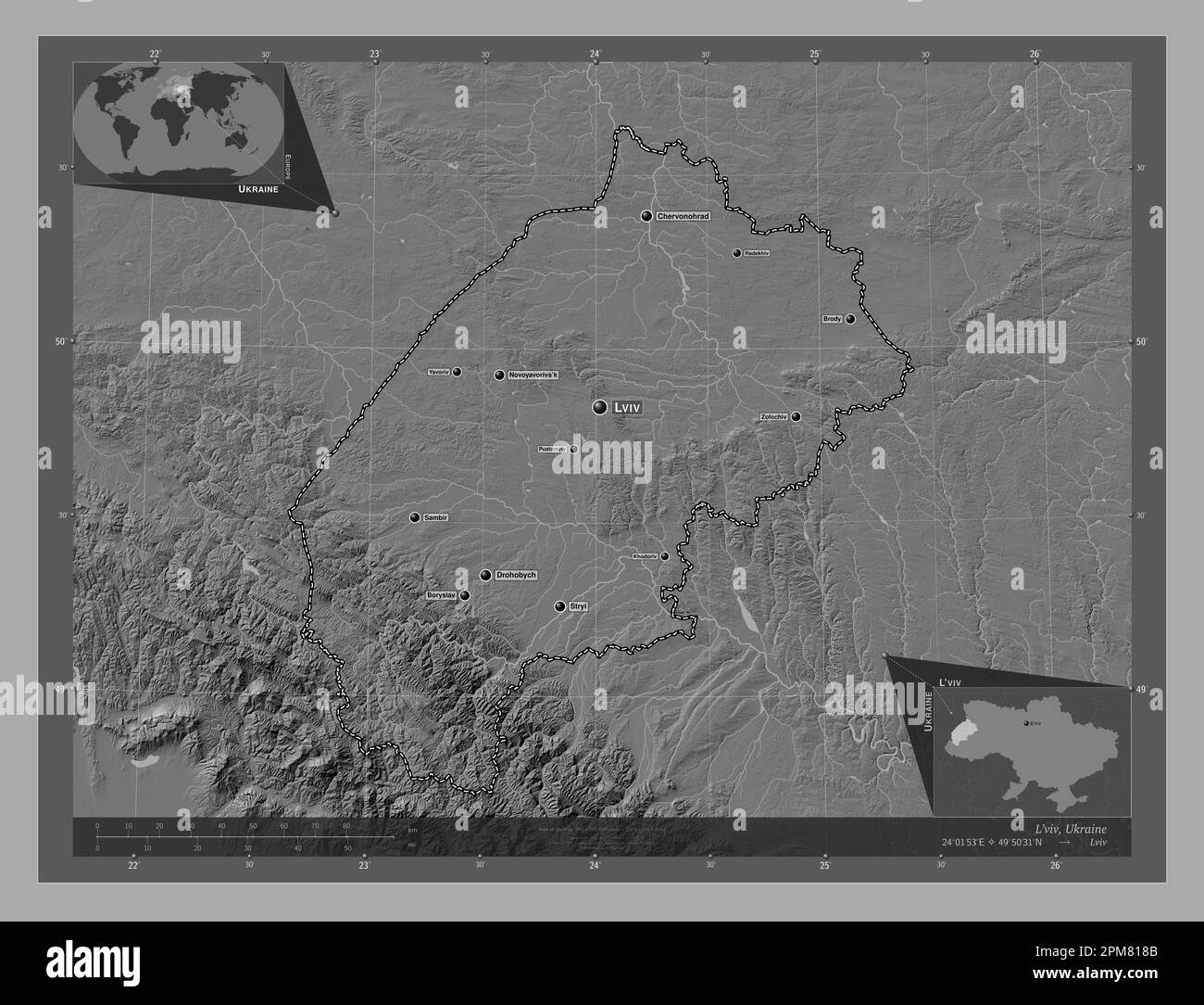 L'viv, regione dell'Ucraina. Mappa altimetrica bilivello con laghi e fiumi. Località e nomi delle principali città della regione. Posizione ausiliaria angolo ma Foto Stock