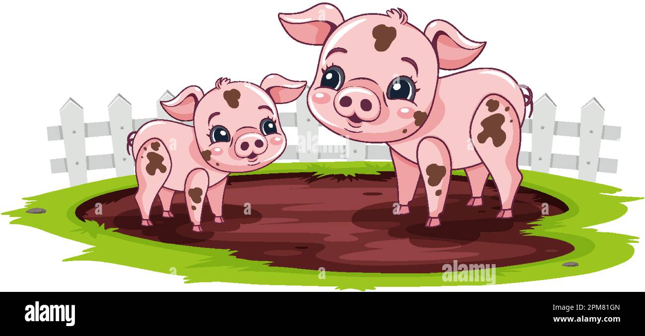 Cartoni animati maiali che rotolano nell'illustrazione del fango Illustrazione Vettoriale