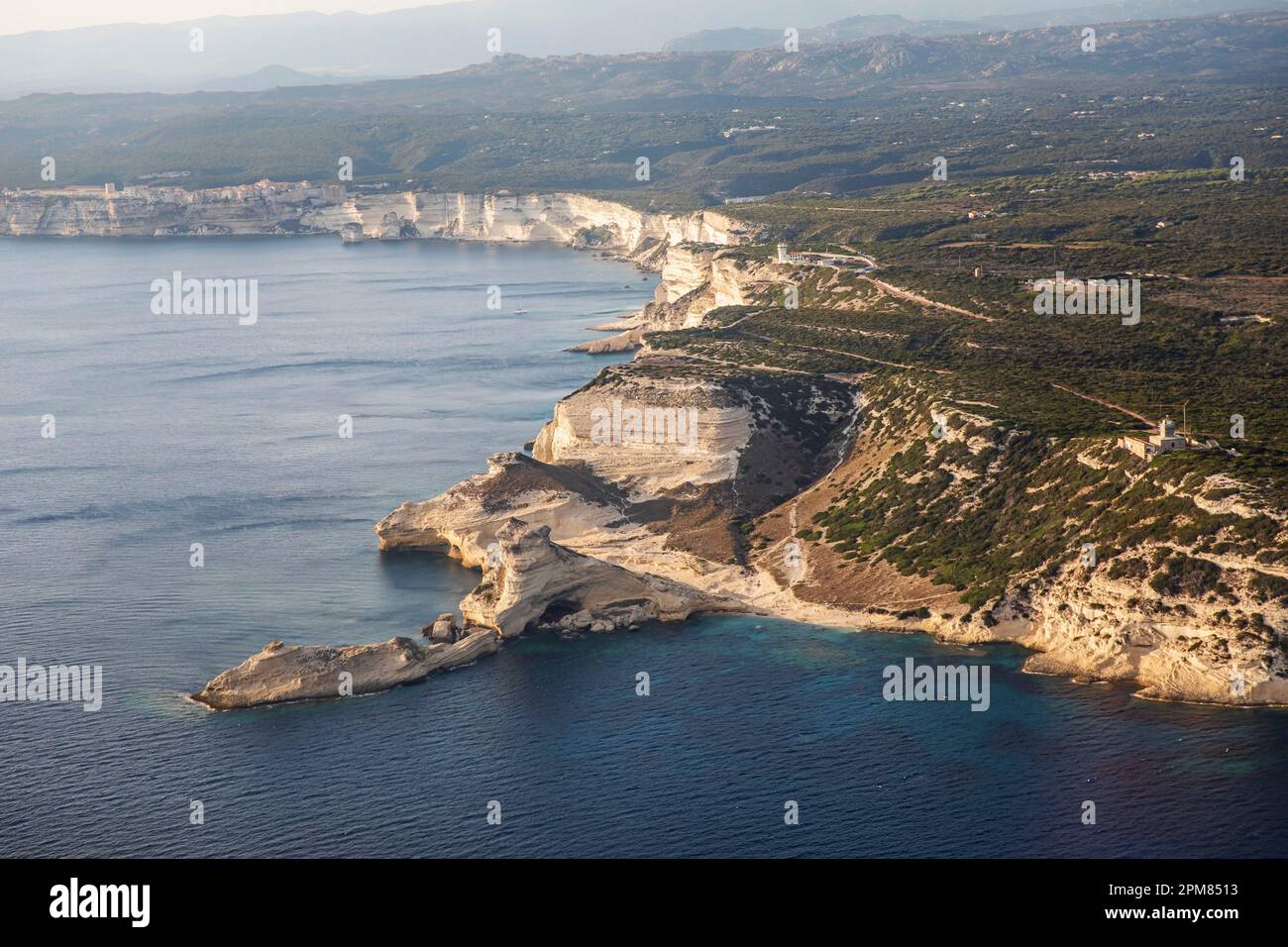 Francia, Corse du Sud, Riserva Naturale di Bouches de Bonifacio, scogliere calcaree (vista aerea) Foto Stock