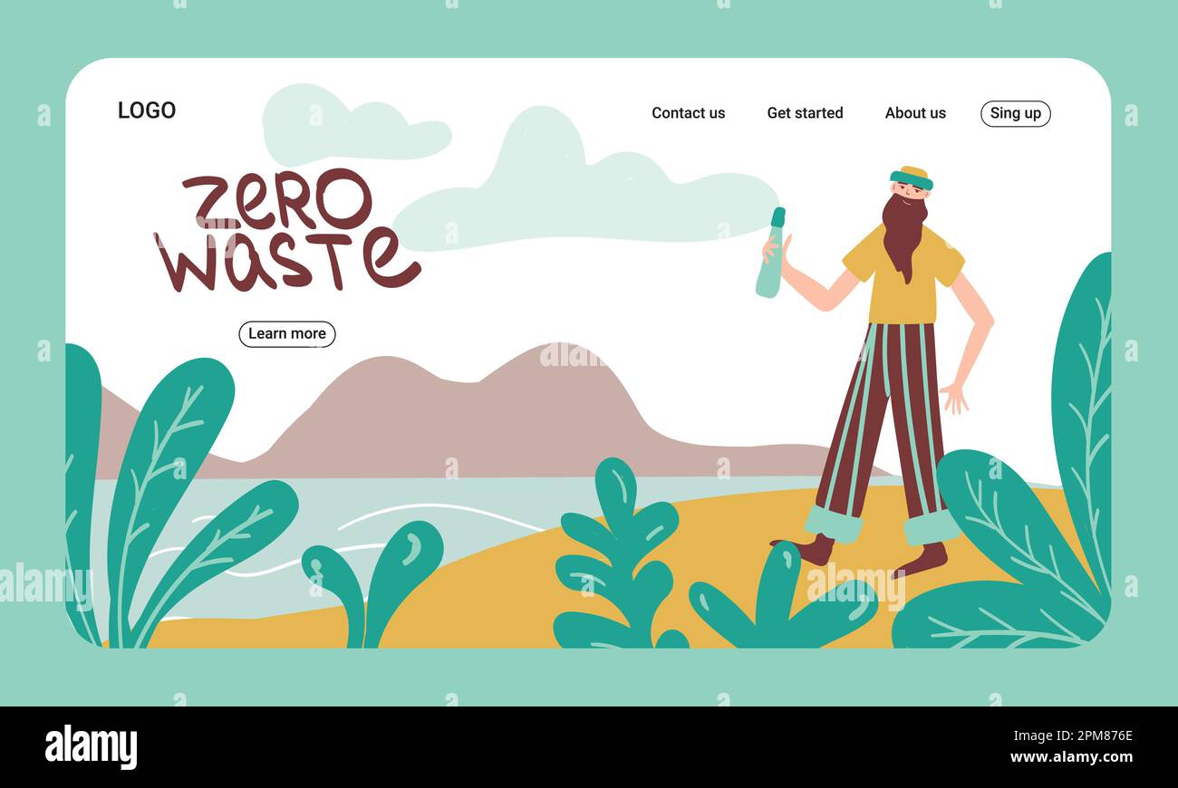 Concetto zero spreco del negozio del Internet. Modello di landing page. Banner Web. Uomo con flacone riutilizzabile. Vita ecologica. Illustrazione Vettoriale