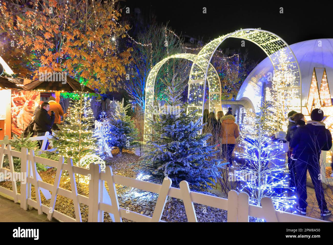 Francia, Aube, Troyes, Place Alexandre Israël, notti di Natale, Illuminazioni e decorazioni natalizie Foto Stock