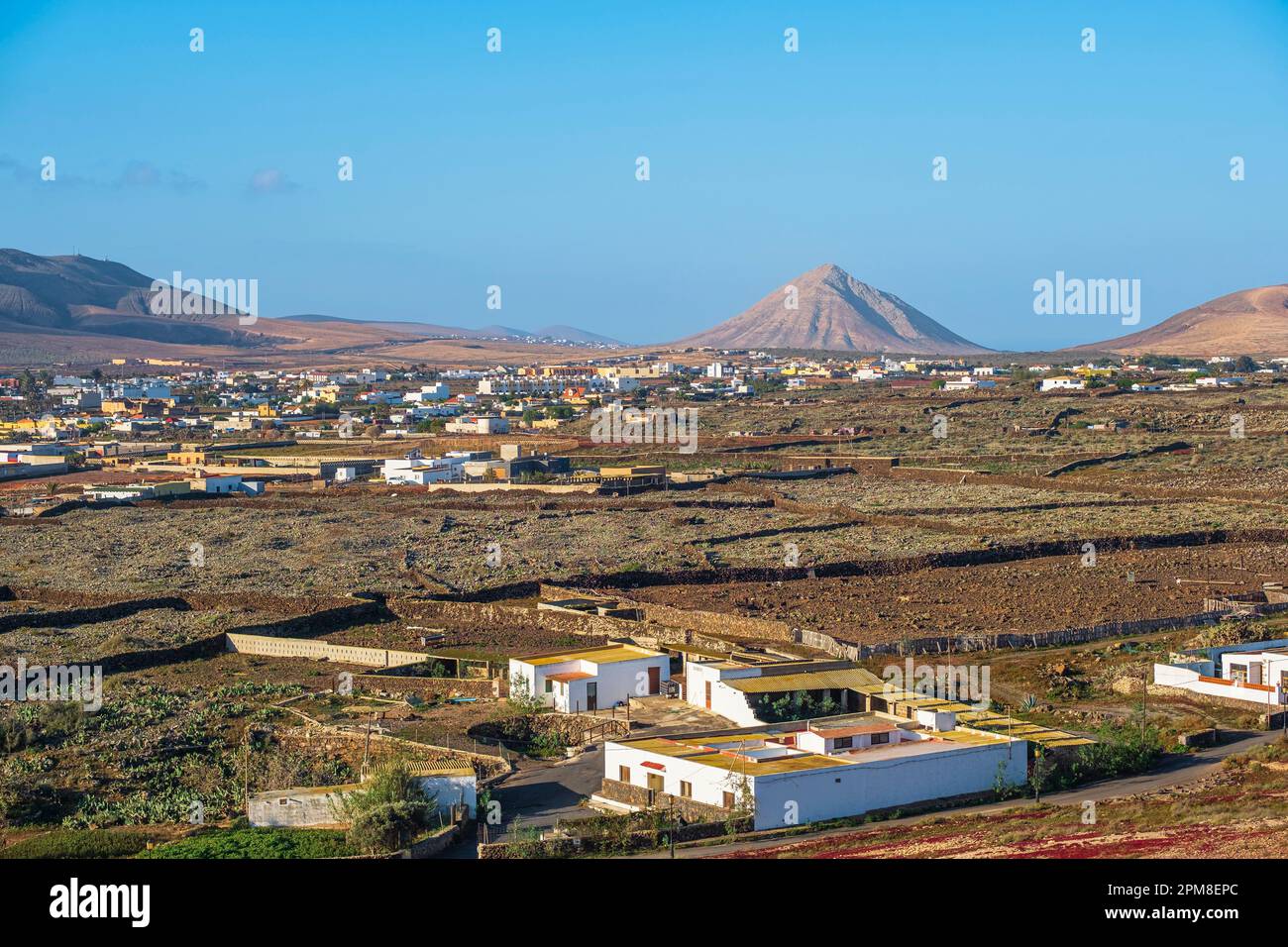 Spagna, Isole Canarie, Fuerteventura, la Oliva, Malpais de la Arena, una pianura di lava ricoperta di licheni e la Montaña Tindaya sullo sfondo Foto Stock