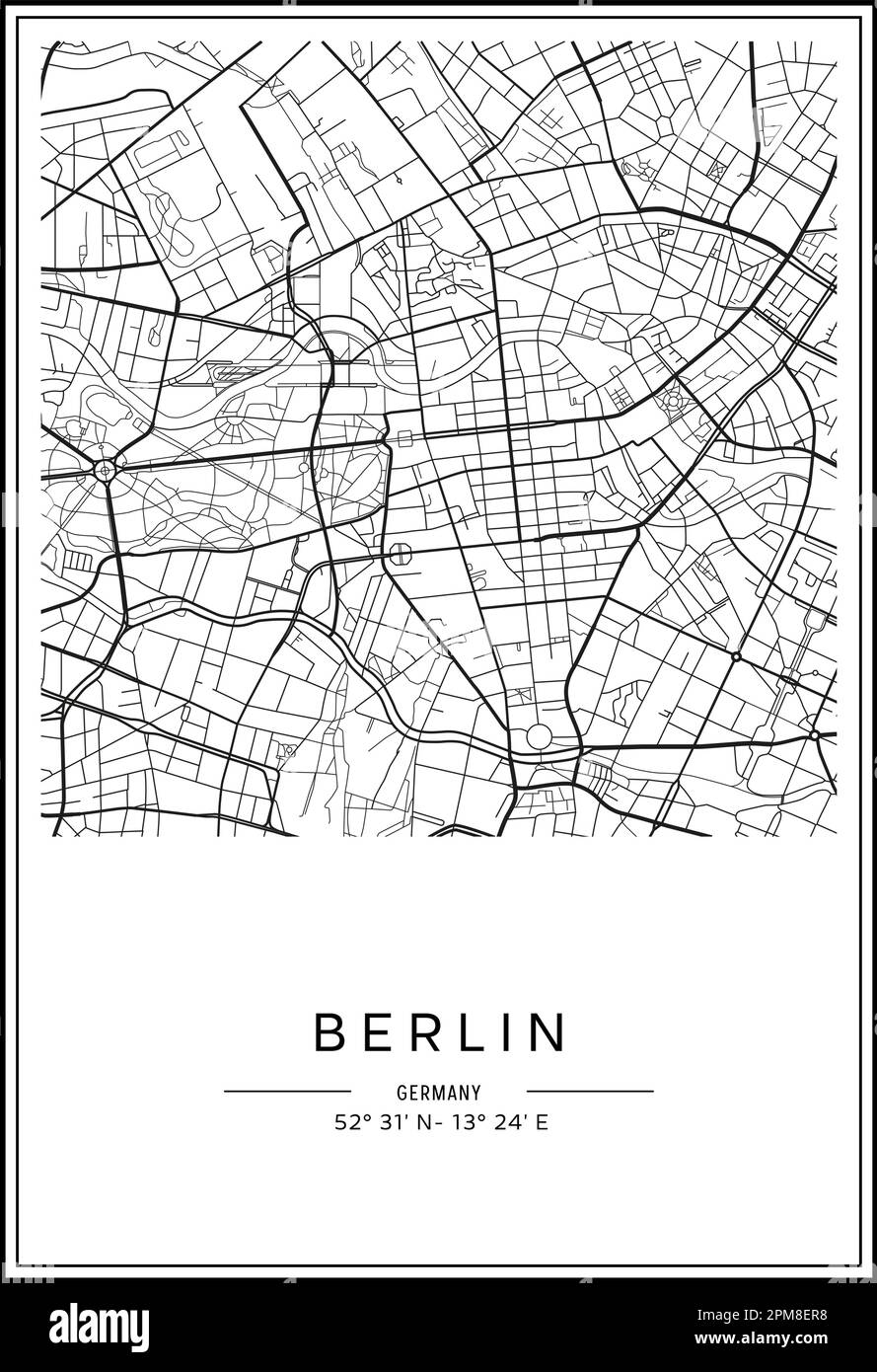 Mappa stampabile in bianco e nero della città di Berlino, poster design, vettoriale. Illustrazione Vettoriale