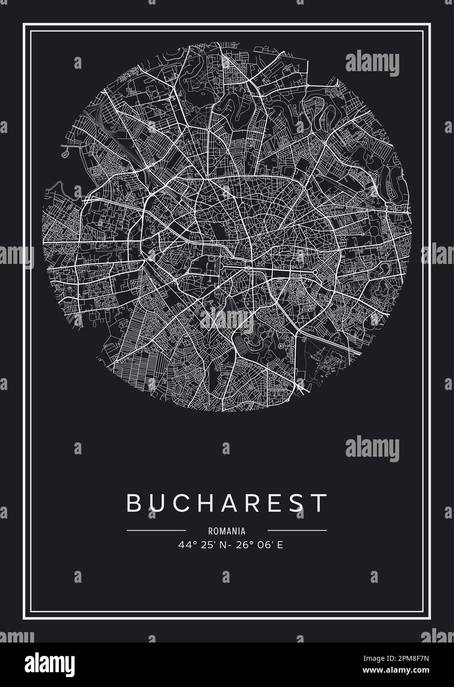 Mappa stampabile in bianco e nero della città di Bucarest, poster design, vettoriale. Illustrazione Vettoriale