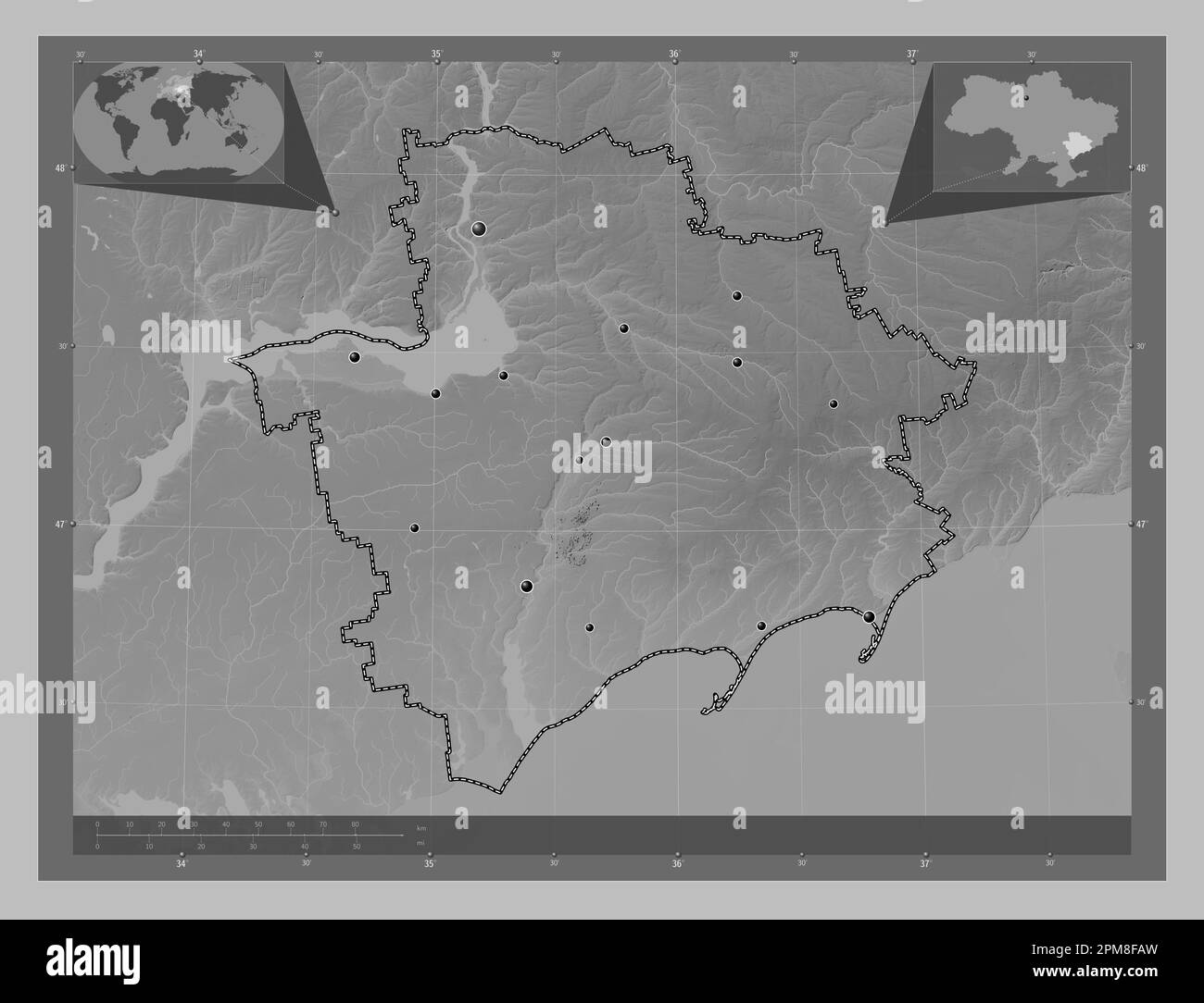 Zaporizhzhya, regione dell'Ucraina. Mappa in scala di grigi con laghi e fiumi. Posizioni delle principali città della regione. Mappa della posizione ausiliaria ad angolo Foto Stock