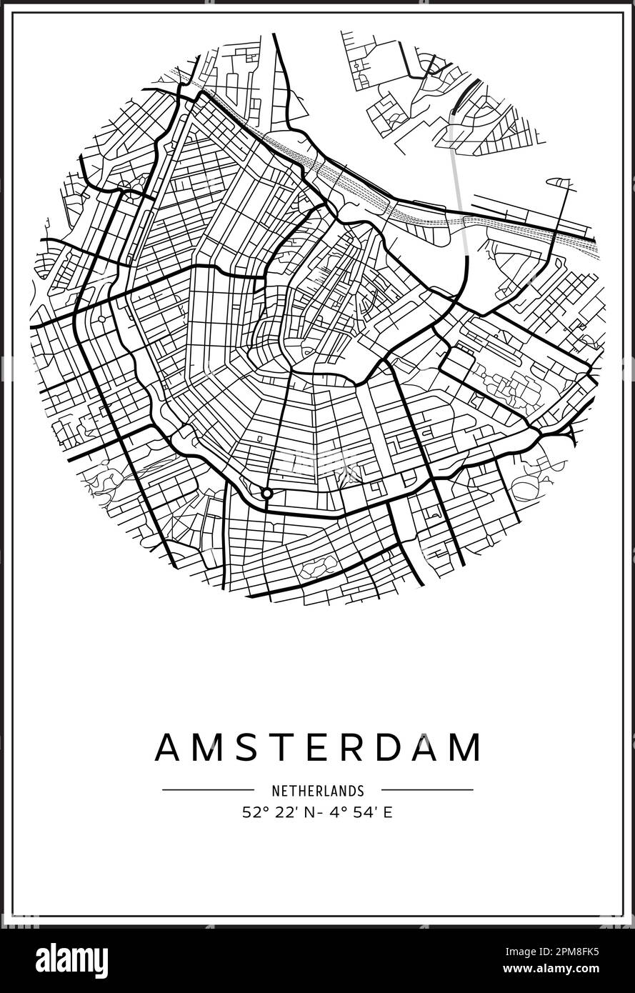 Mappa stampabile in bianco e nero della città di Amsterdam, poster design, vettoriale. Illustrazione Vettoriale