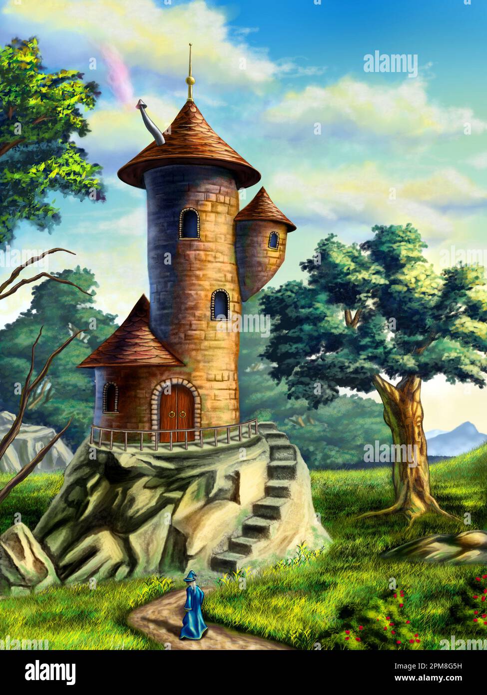 Paesaggio fantasy con una torre mago. Illustrazione digitale. Foto Stock