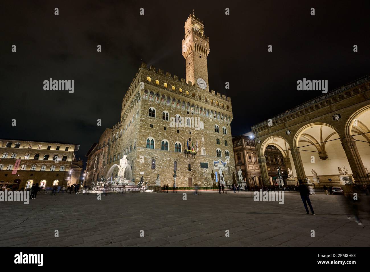 Foto notturna di Palazzo Vecchio, Piazza della Signoria, Firenze, Toscana, Italia Foto Stock