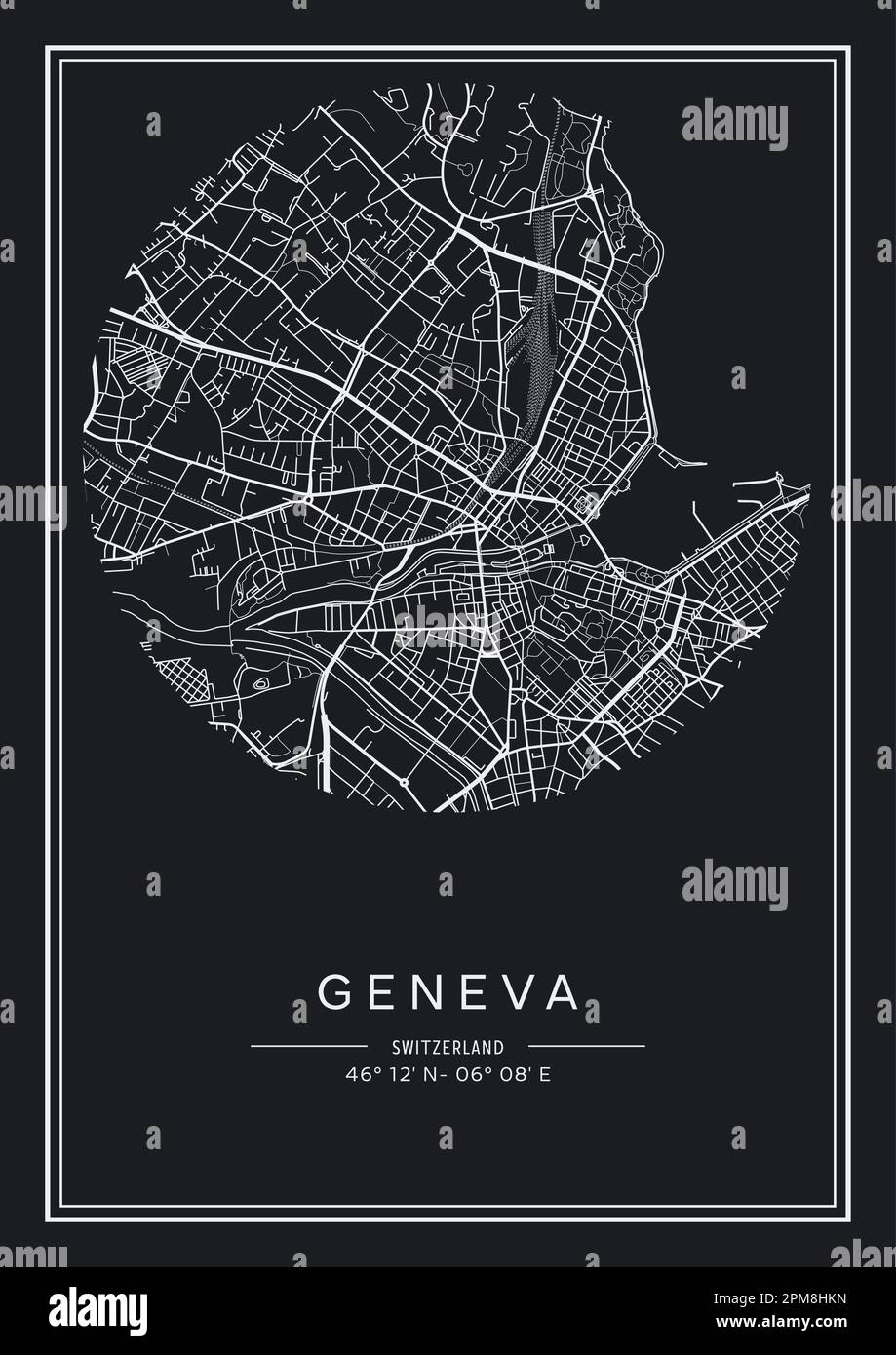 Mappa stampabile in bianco e nero della città di Ginevra, poster design, vettoriale. Illustrazione Vettoriale
