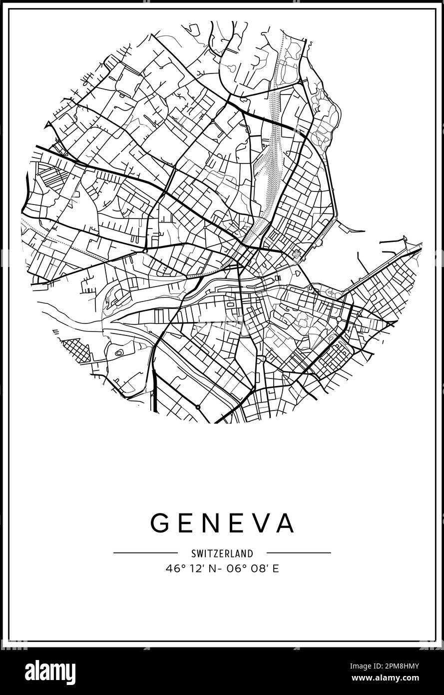 Mappa stampabile in bianco e nero della città di Ginevra, poster design, vettoriale. Illustrazione Vettoriale