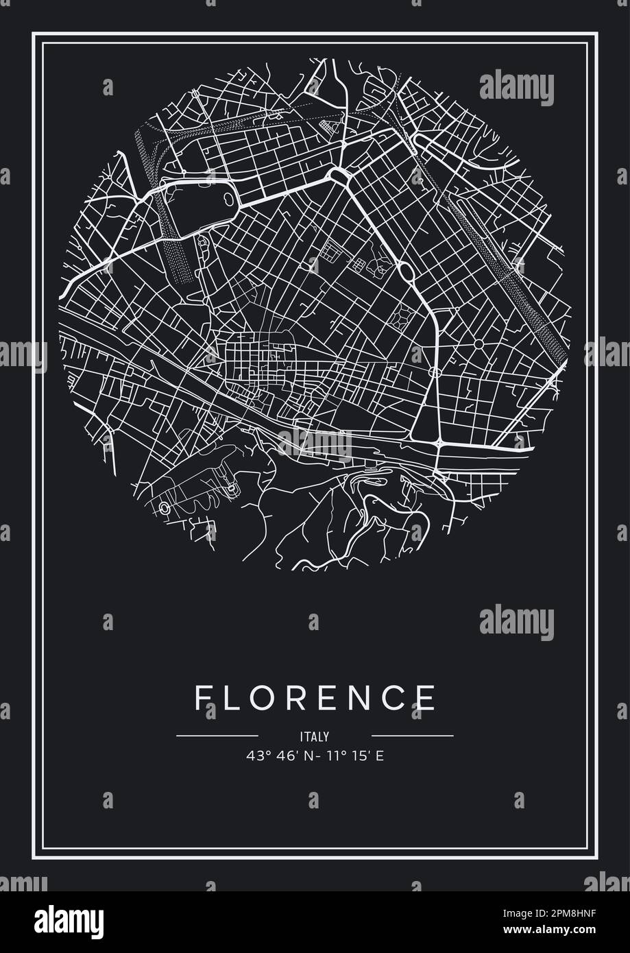Mappa stampabile in bianco e nero della città di Firenze, poster design, vettoriale. Illustrazione Vettoriale