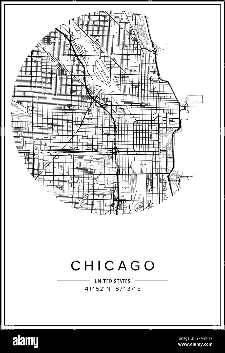 Mappa stampabile in bianco e nero della città di Chicago, poster design, vettoriale. Illustrazione Vettoriale