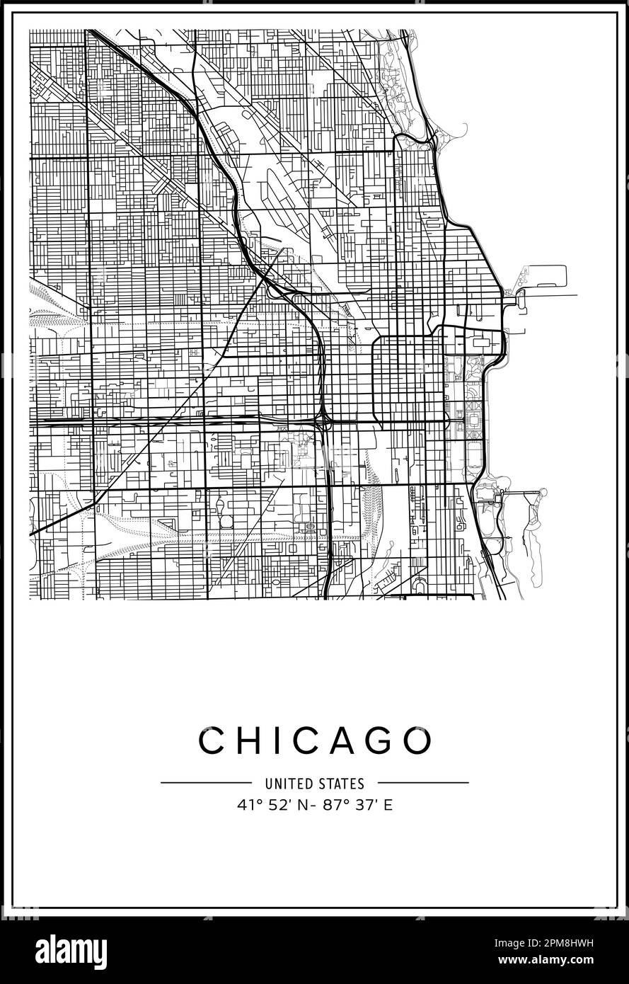 Mappa stampabile in bianco e nero della città di Chicago, poster design, vettoriale. Illustrazione Vettoriale