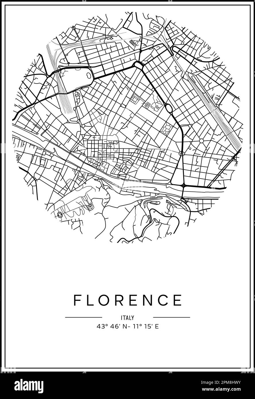 Mappa stampabile in bianco e nero della città di Firenze, poster design, vettoriale. Illustrazione Vettoriale