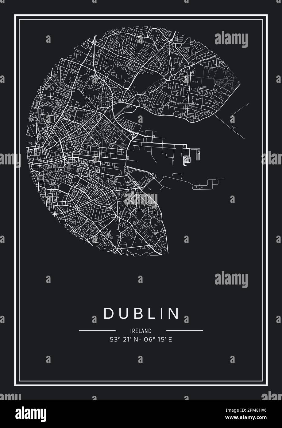 Mappa stampabile in bianco e nero della città di Dublino, poster design, vettoriale. Illustrazione Vettoriale