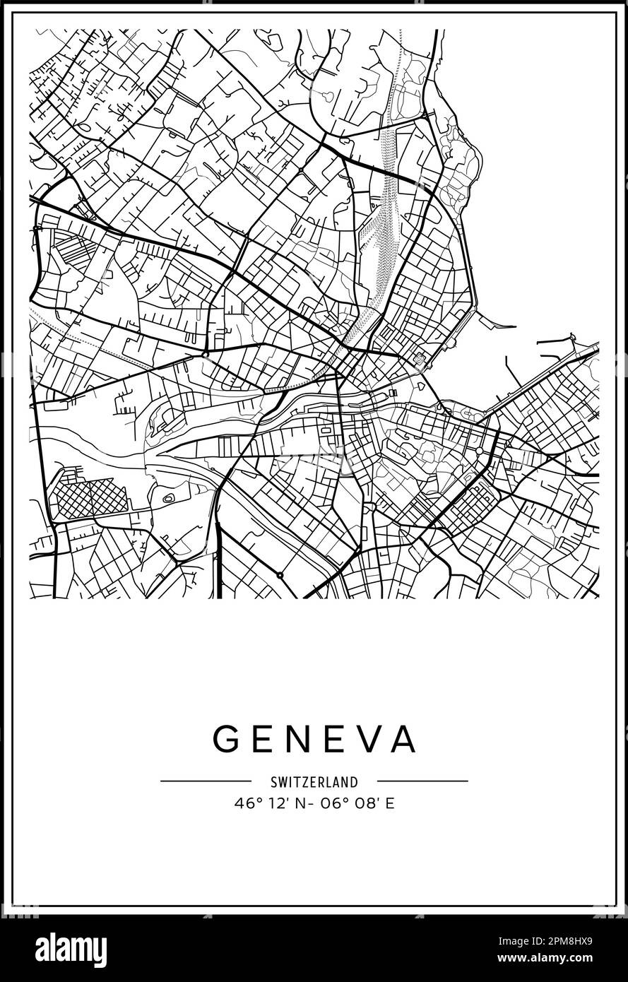 Mappa stampabile in bianco e nero della città di Ginevra, poster design, vettoriale. Illustrazione Vettoriale