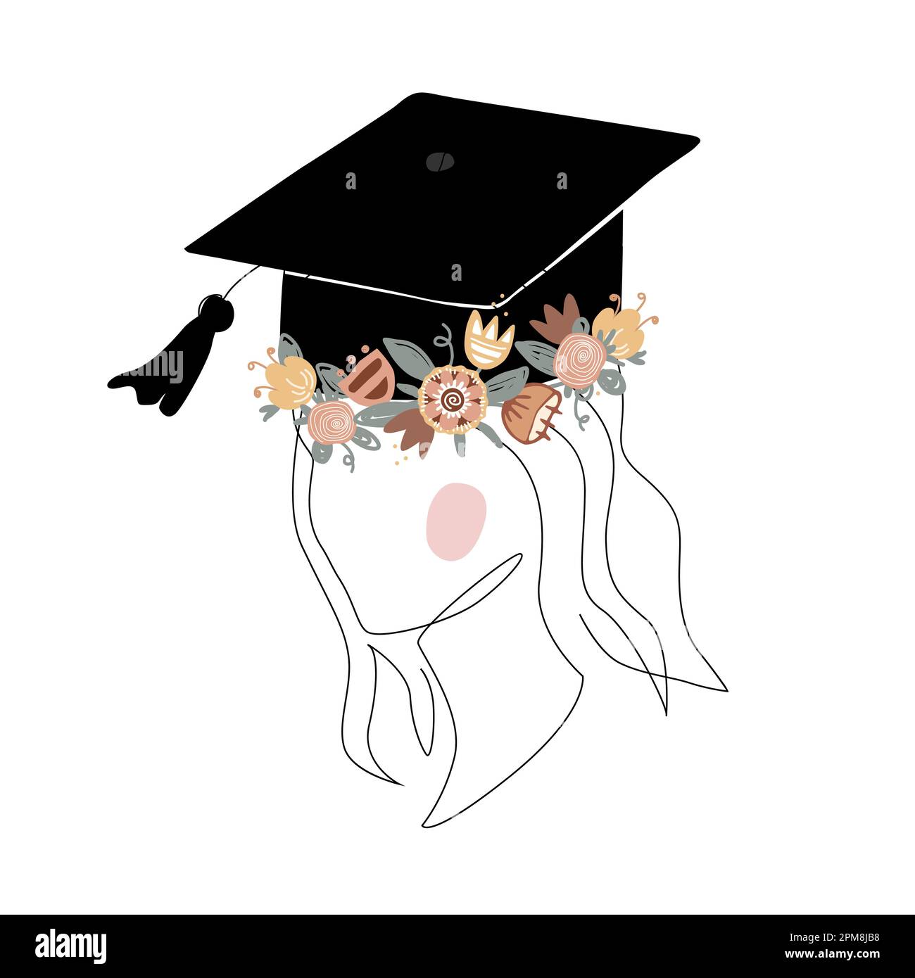 Carino silhouette ragazza in tappo graduato decorato con corona di fiori di doodle. Felice studente laureato. Stile scandinavo e linea continua. Vettore Illustrazione Vettoriale