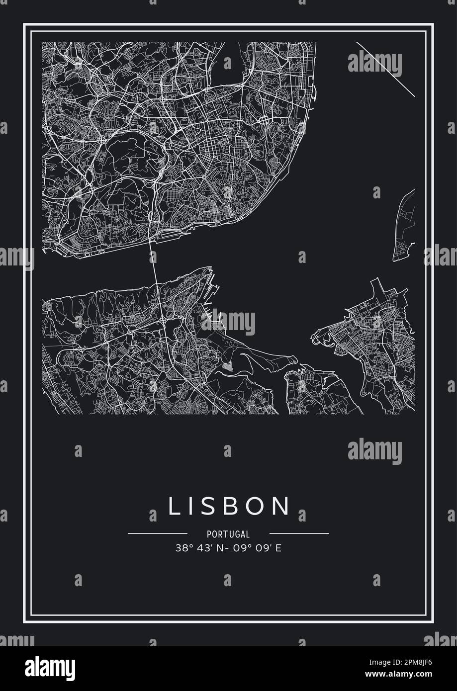 Mappa stampabile in bianco e nero della città di Lisbona, poster design, vettoriale. Illustrazione Vettoriale
