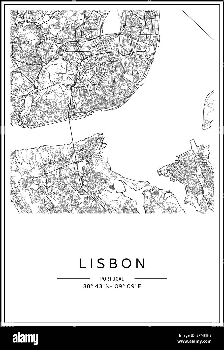 Mappa stampabile in bianco e nero della città di Lisbona, poster design, vettoriale. Illustrazione Vettoriale