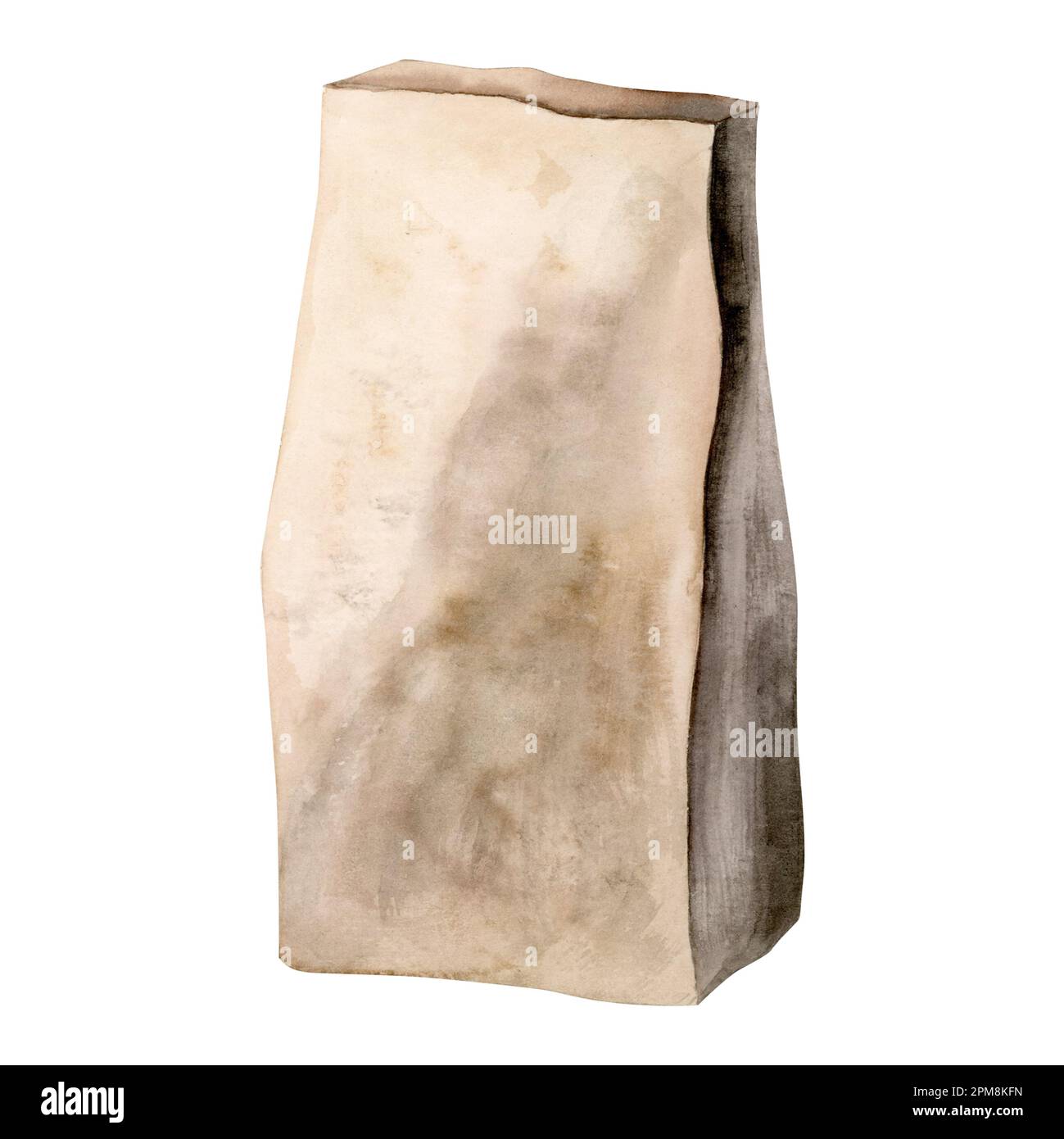 Illustrazione acquerello sacchetto di carta riciclata della drogheria isolato su sfondo bianco. Borsa marrone per prodotti, alimenti o fiori. Cliente ecologico. Foto Stock