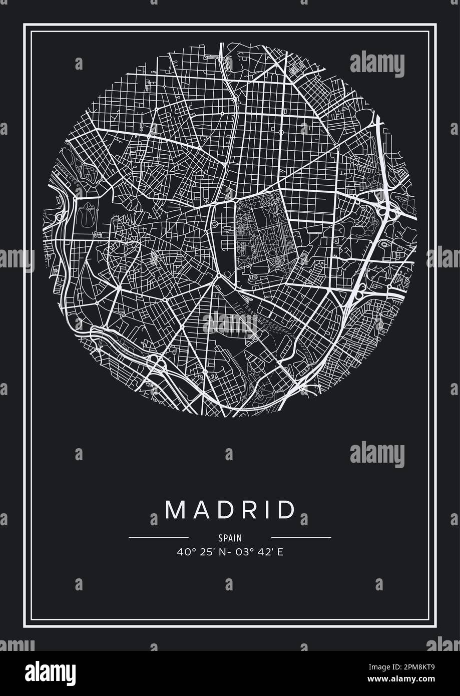 Mappa stampabile in bianco e nero della città di Madrid, poster design, vettoriale. Illustrazione Vettoriale