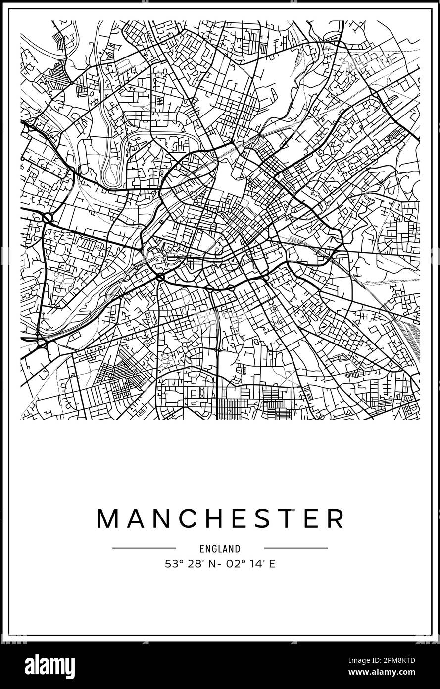 Mappa stampabile in bianco e nero della città di Manchester, poster design, vettoriale. Illustrazione Vettoriale