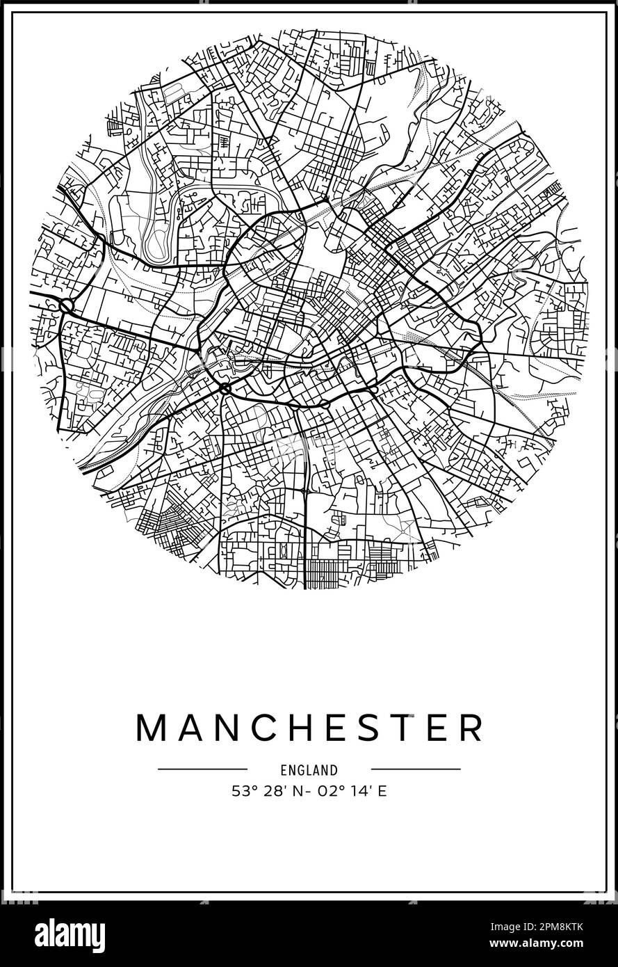 Mappa stampabile in bianco e nero della città di Manchester, poster design, vettoriale. Illustrazione Vettoriale
