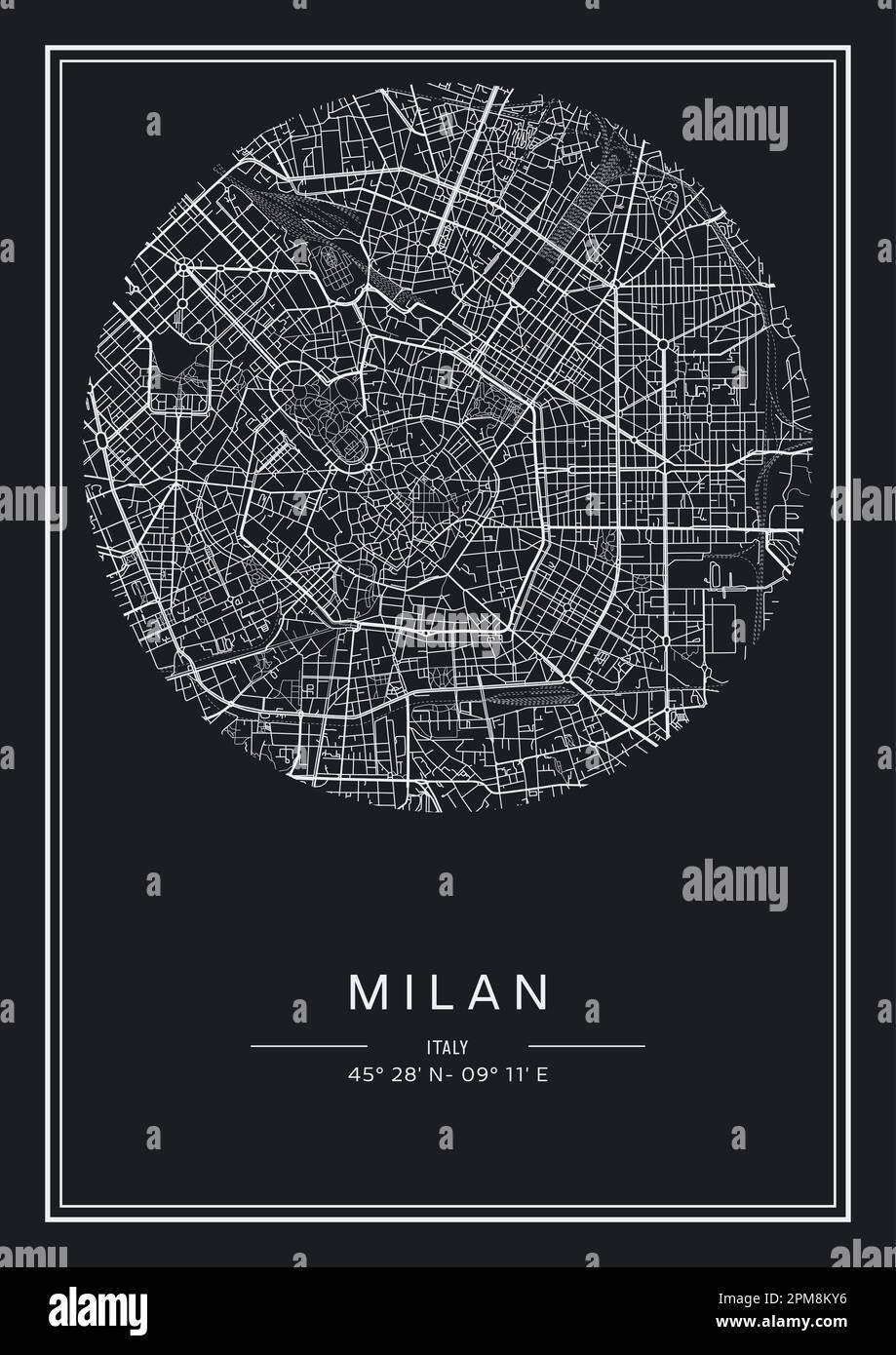 Mappa stampabile in bianco e nero della città di Milano, poster design, vettoriale. Illustrazione Vettoriale