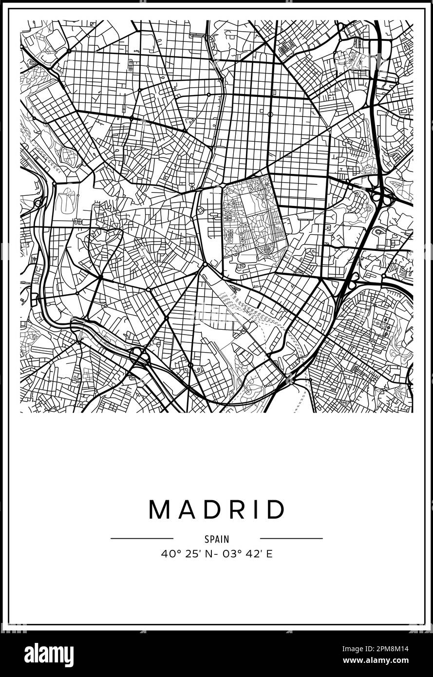 Mappa stampabile in bianco e nero della città di Madrid, poster design, vettoriale. Illustrazione Vettoriale
