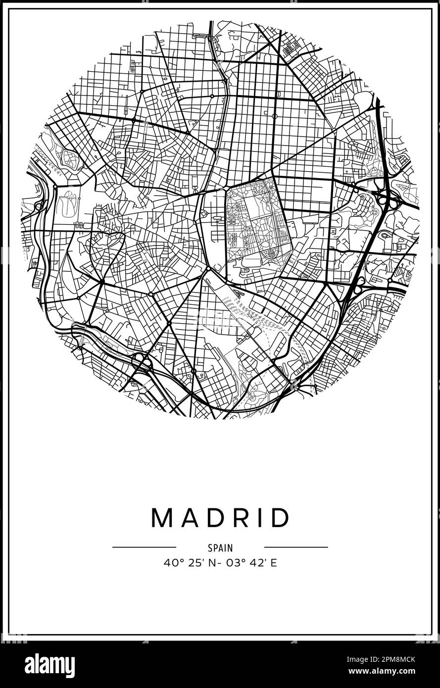 Mappa stampabile in bianco e nero della città di Madrid, poster design, vettoriale. Illustrazione Vettoriale
