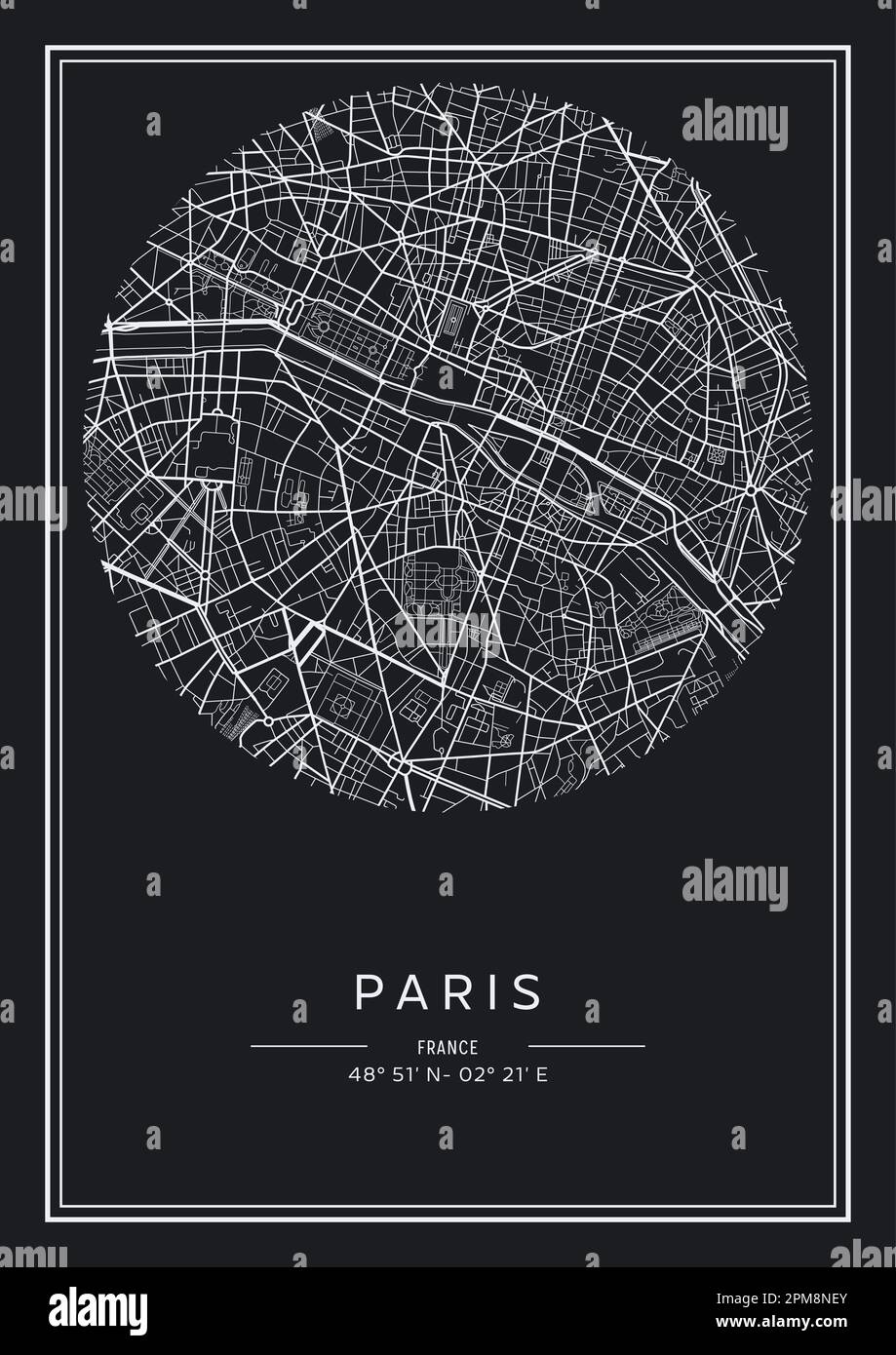 Mappa stampabile in bianco e nero della città di Parigi, poster design, vettoriale. Illustrazione Vettoriale