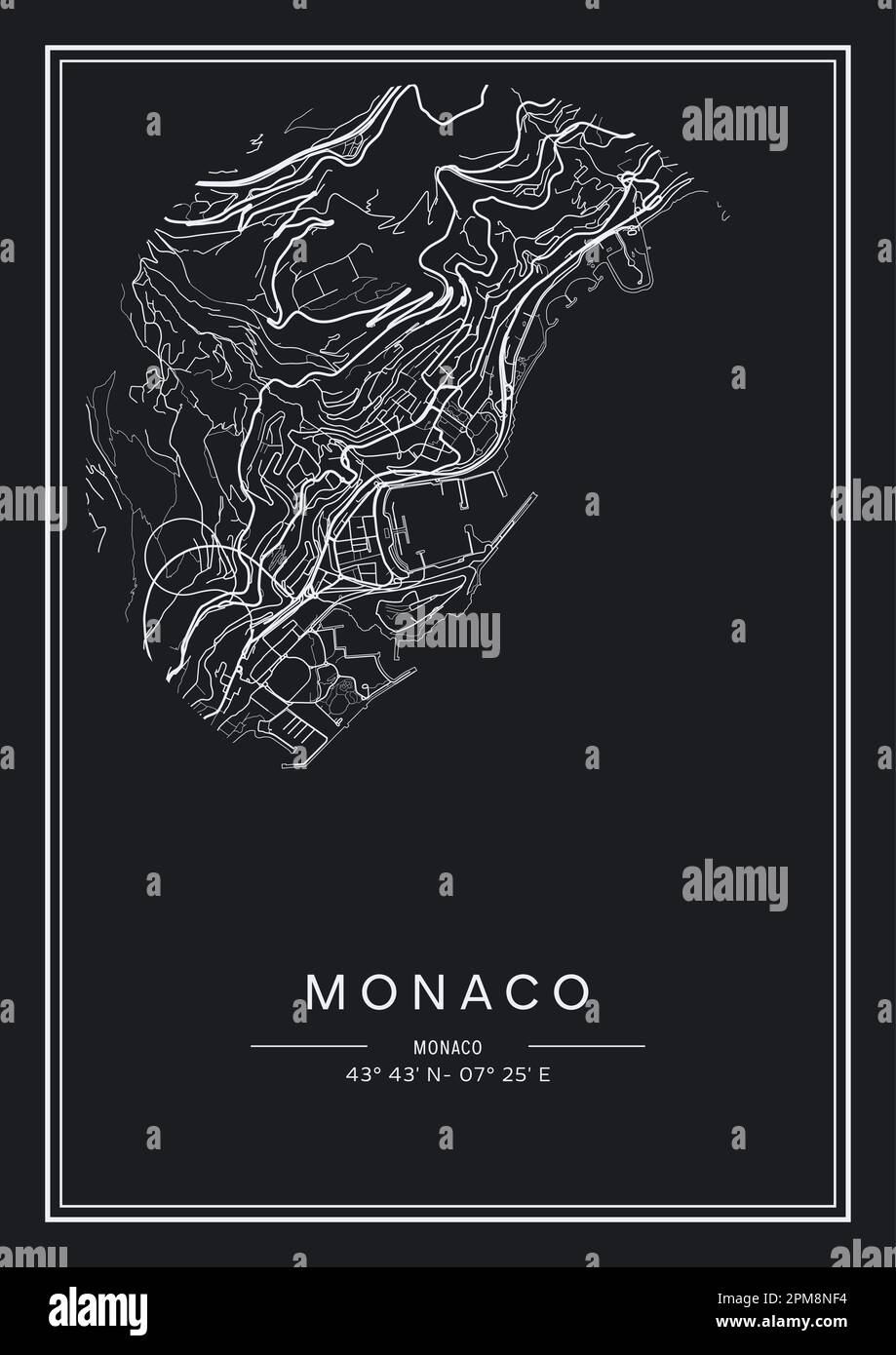 Mappa stampabile in bianco e nero della città di Monaco, poster design, vettoriale. Illustrazione Vettoriale