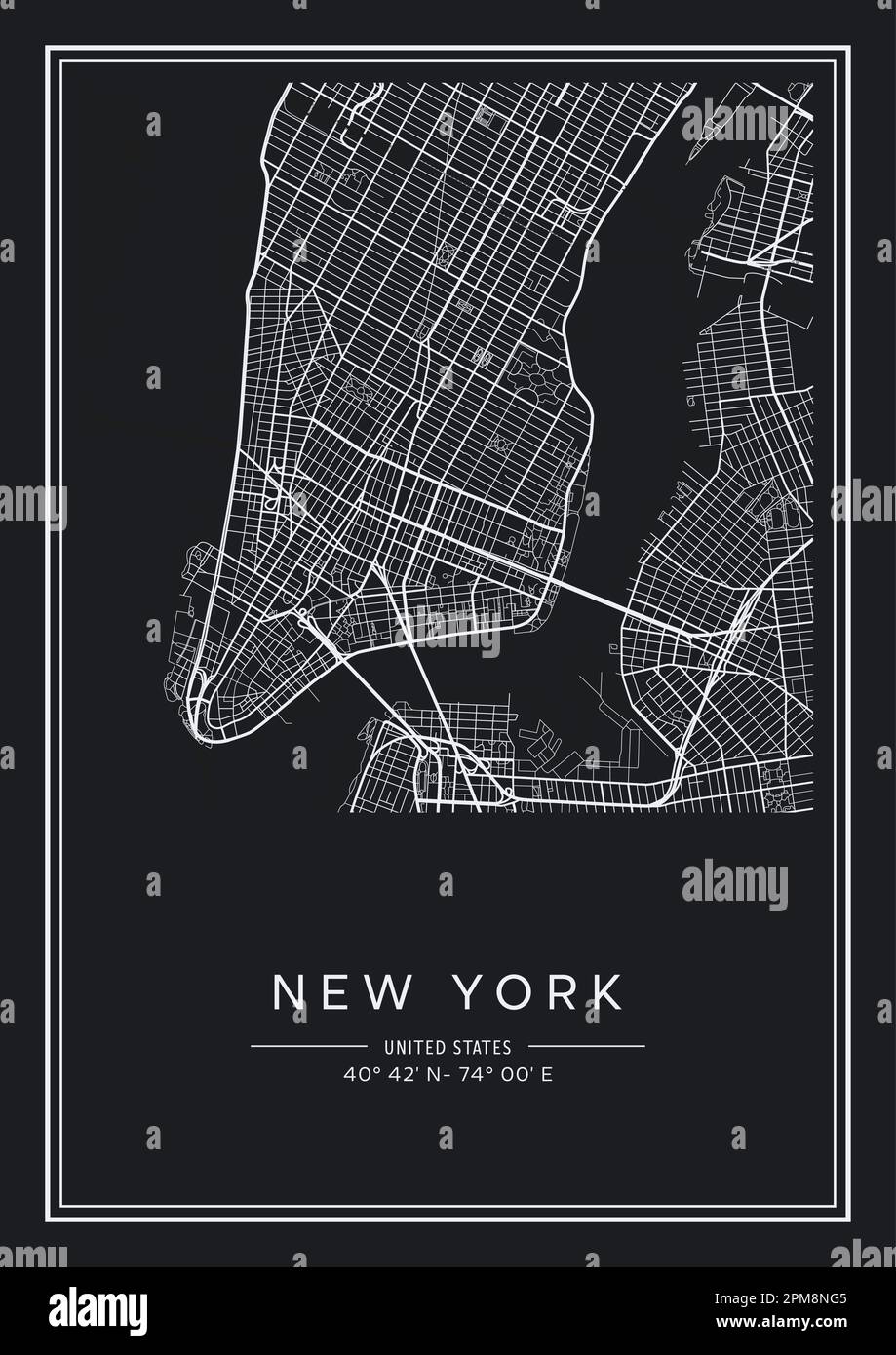 Mappa stampabile in bianco e nero della città di New York, poster design, vettoriale. Illustrazione Vettoriale