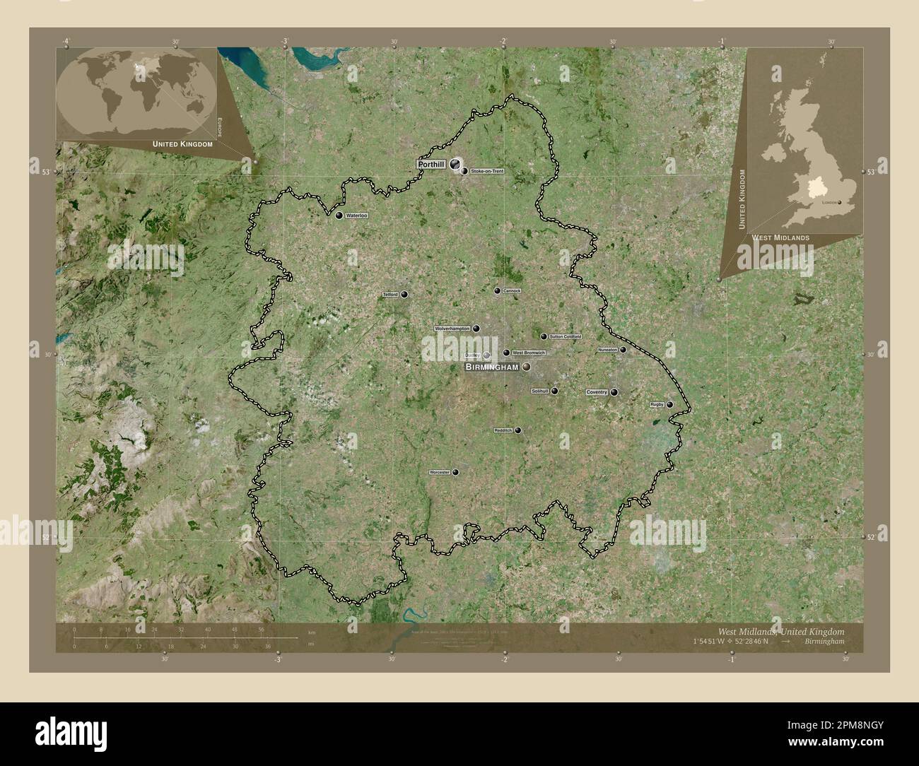 West Midlands, regione del Regno Unito. Mappa satellitare ad alta risoluzione. Località e nomi delle principali città della regione. Posizione ausiliaria ad angolo m Foto Stock