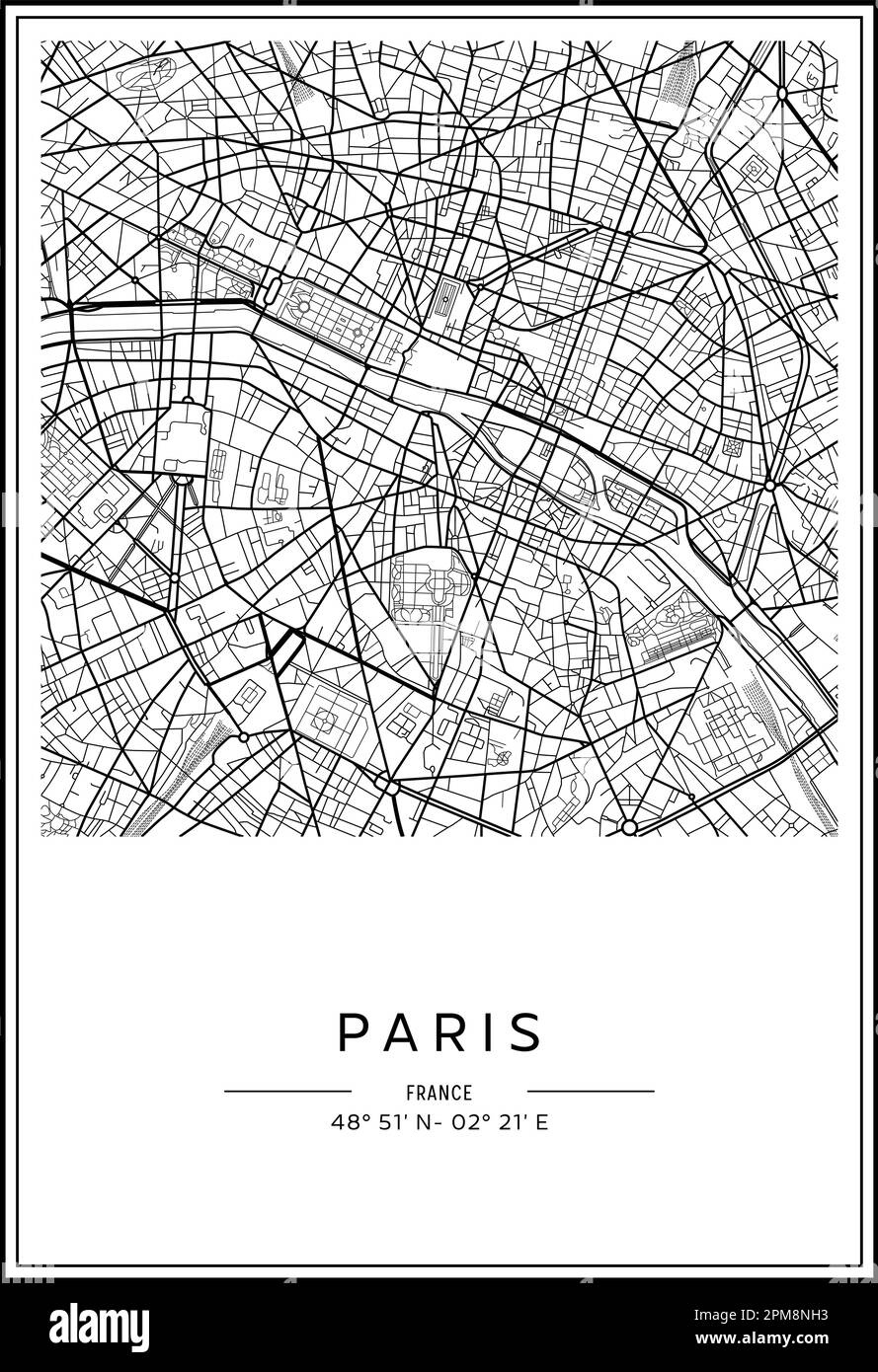 Mappa stampabile in bianco e nero della città di Parigi, poster design, vettoriale. Illustrazione Vettoriale